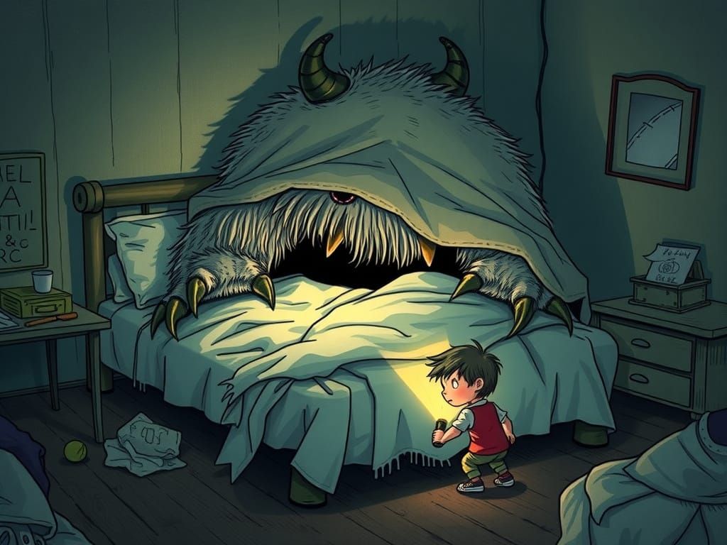 Whimsical Monster Cowers Under Bed in a Classic Children's B...