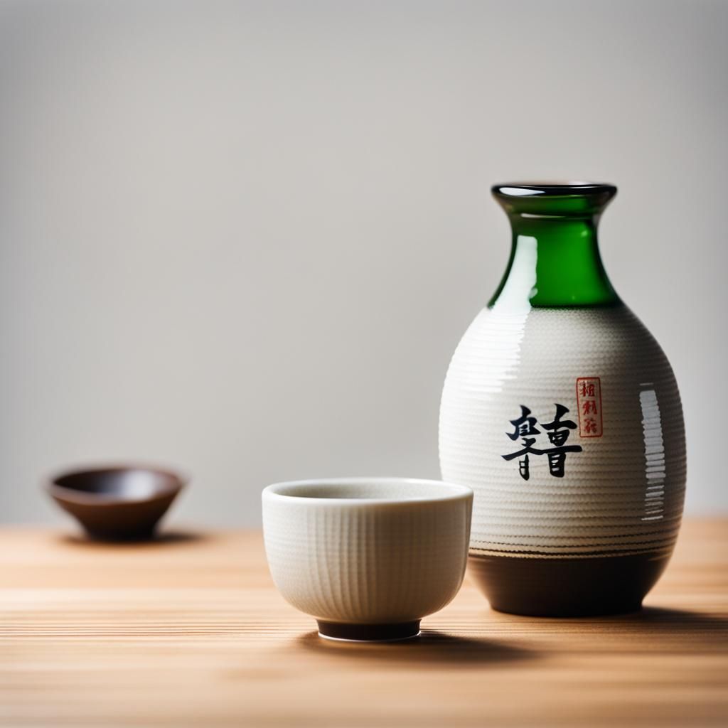 Japanese Sake Bottle with Cup: Clean White Background