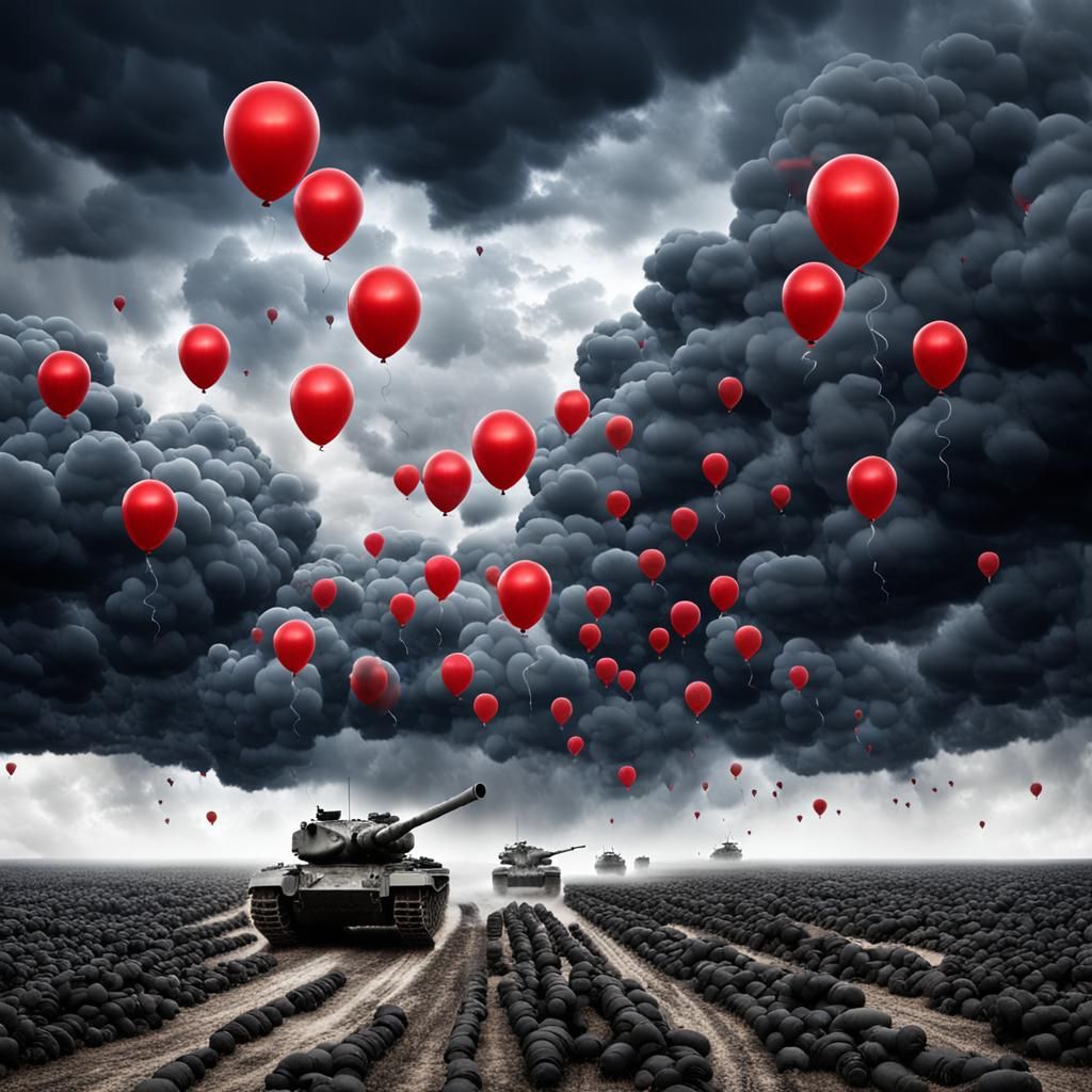 Red Balloons in Stormy Sky with War Machines