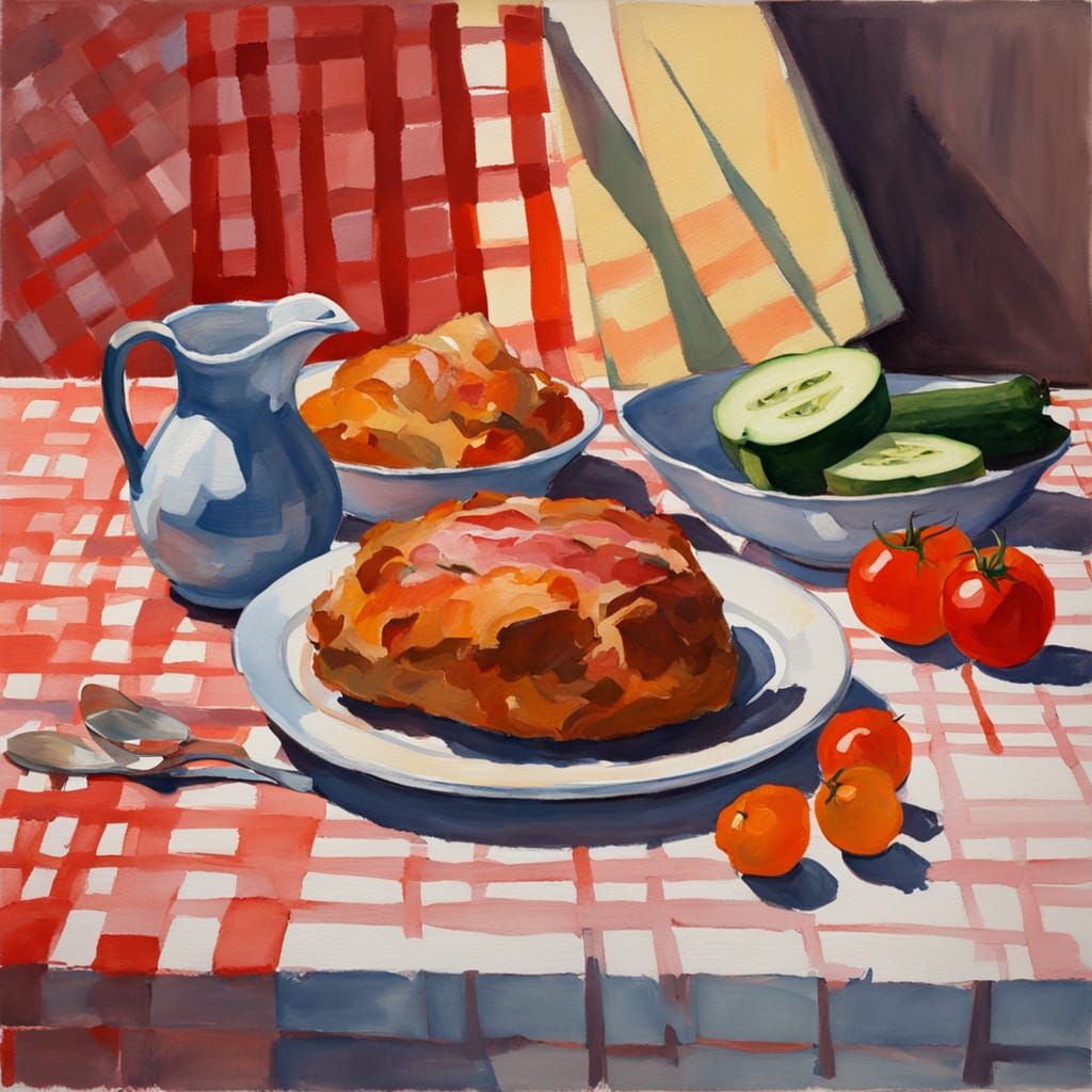 A simple watercolor - a ruddy loaf is lying on a red checker...