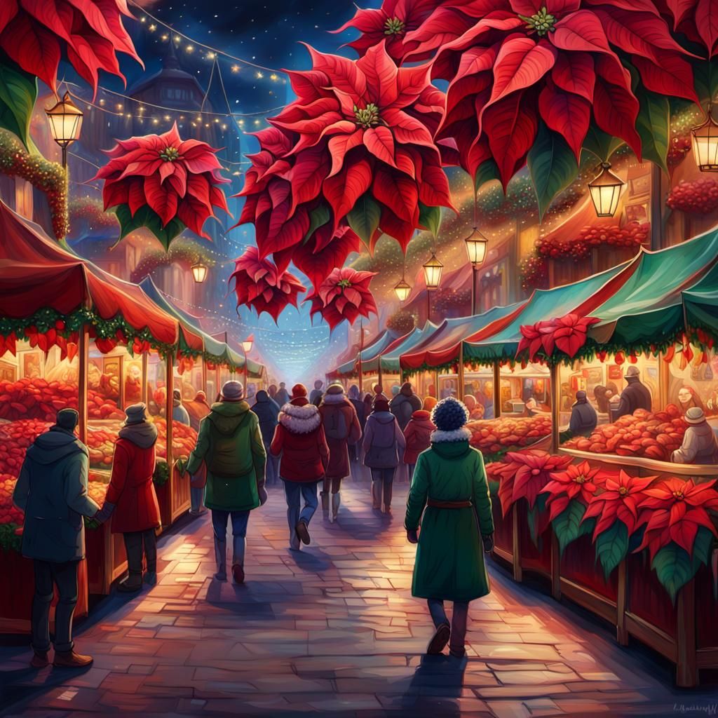 Fantasy Poinsettia City Christmas Market in Oil Painting Sty...