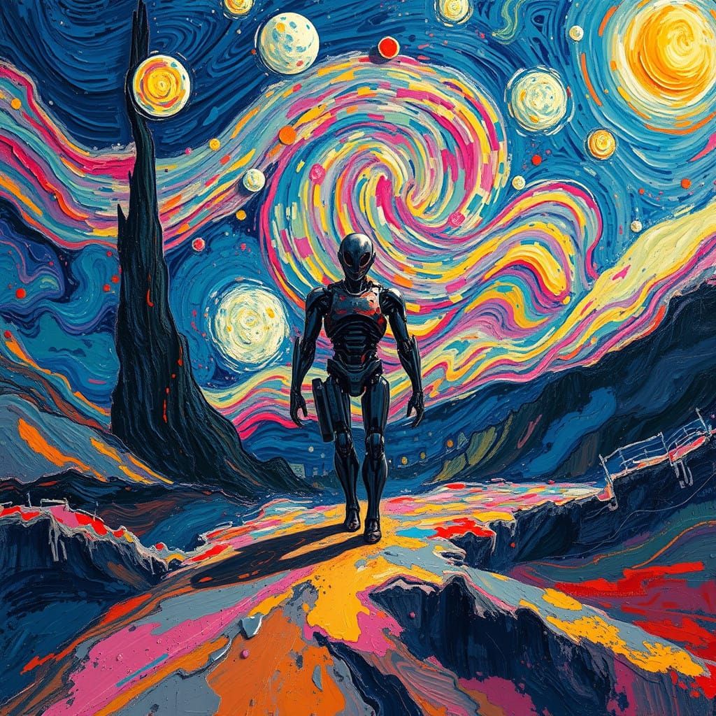 Cyberpunk Dreamscape: Cyborg in Vibrant, Textured Urban Land...