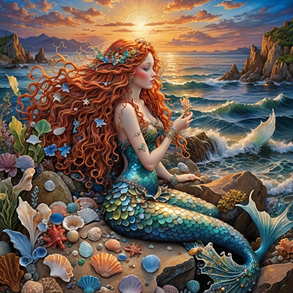 Mermaid's Lament at Sunset: A 3D Photorealistic Image