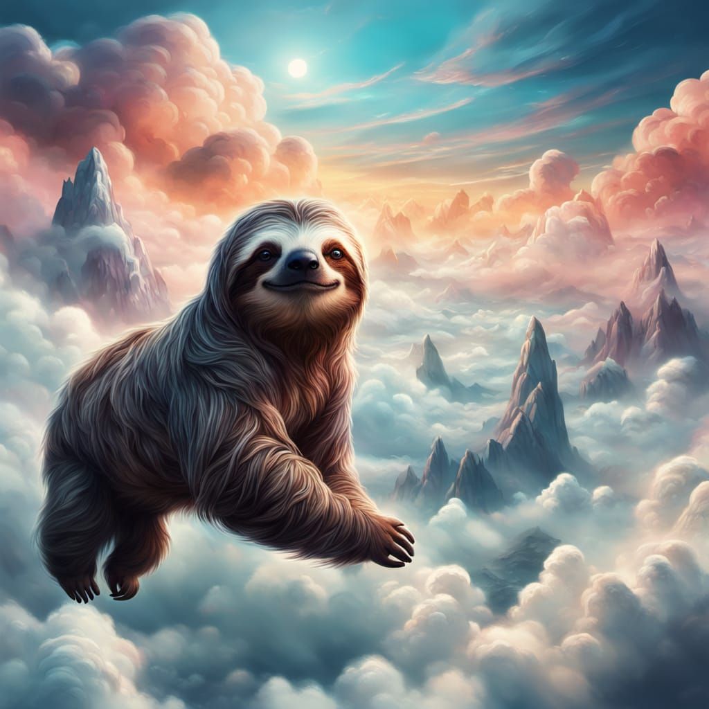 Fantastic Sloth Drifting Through Clouds in Vibrant Fantasy A...
