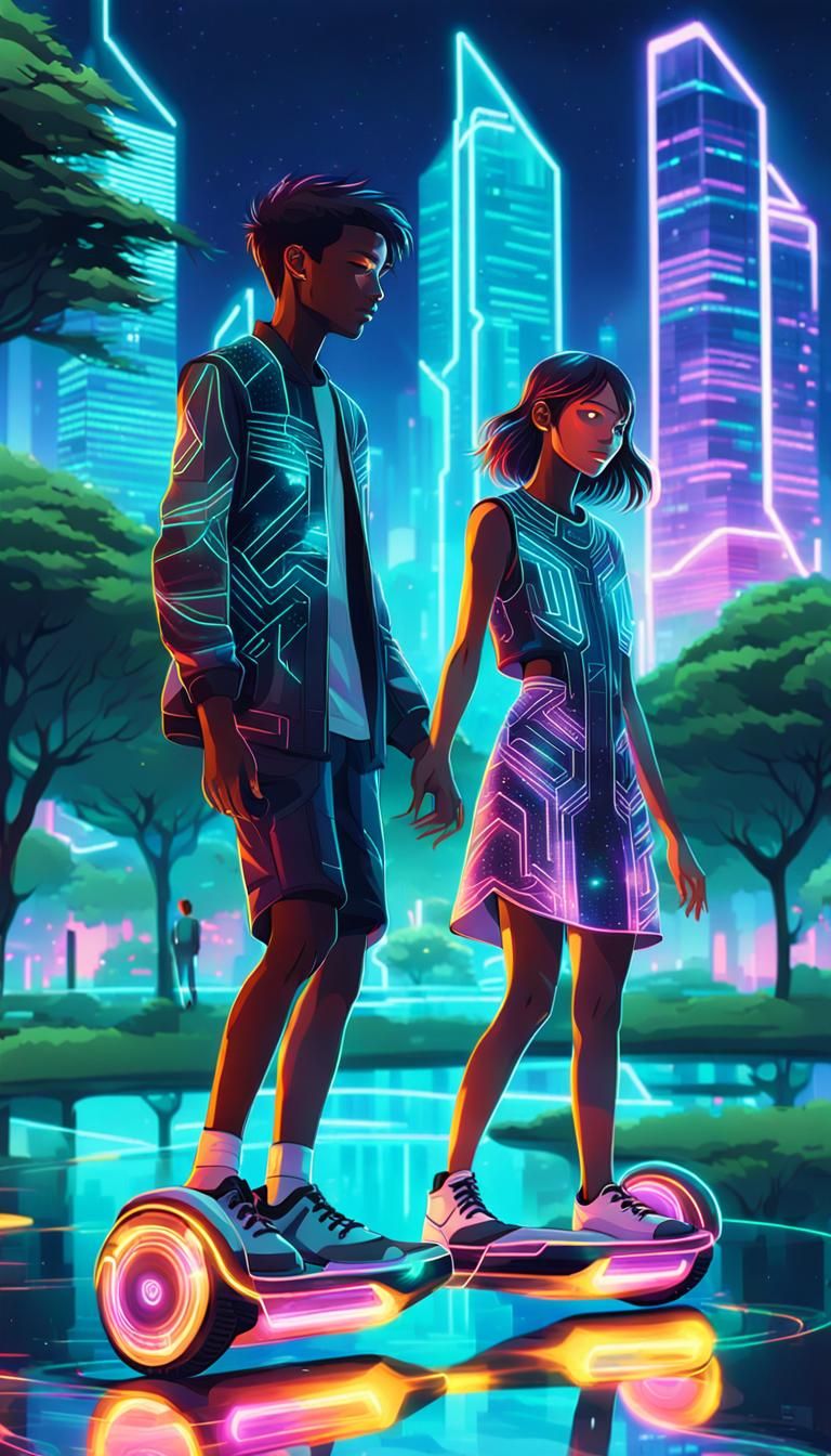 Cyberpunk Children Play in Hi-Tech Oasis