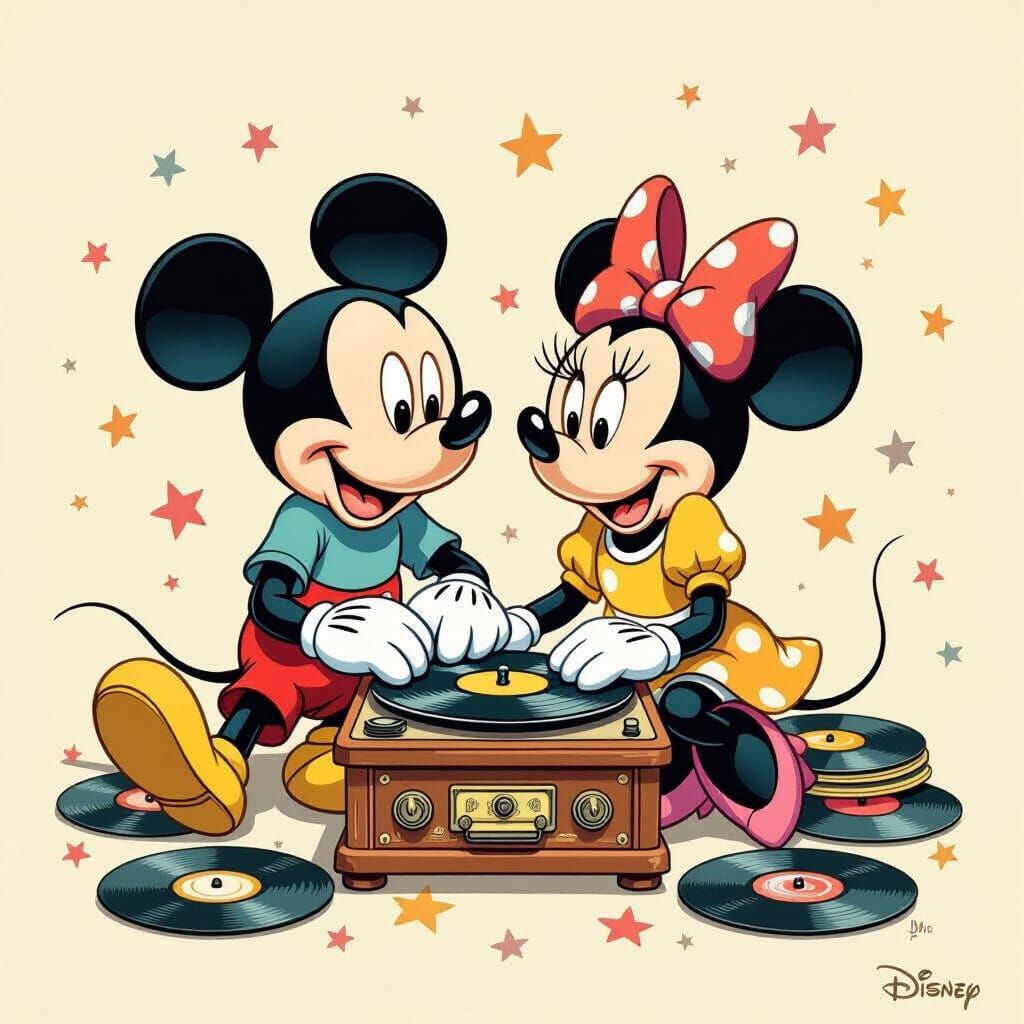 Mickey and Minnie with Record Player in Pastel Tones