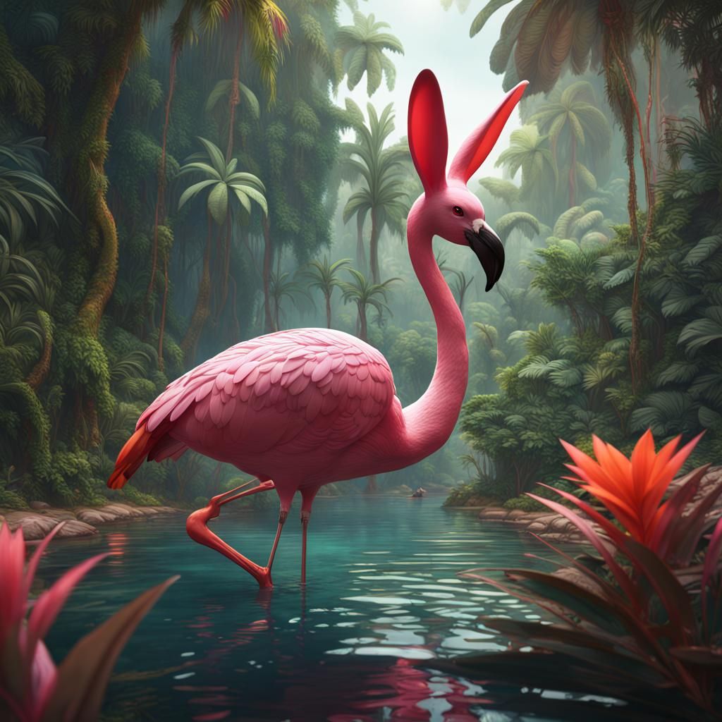 Bunny Flamingo in Tropical Jungle: Fantasy Concept Art