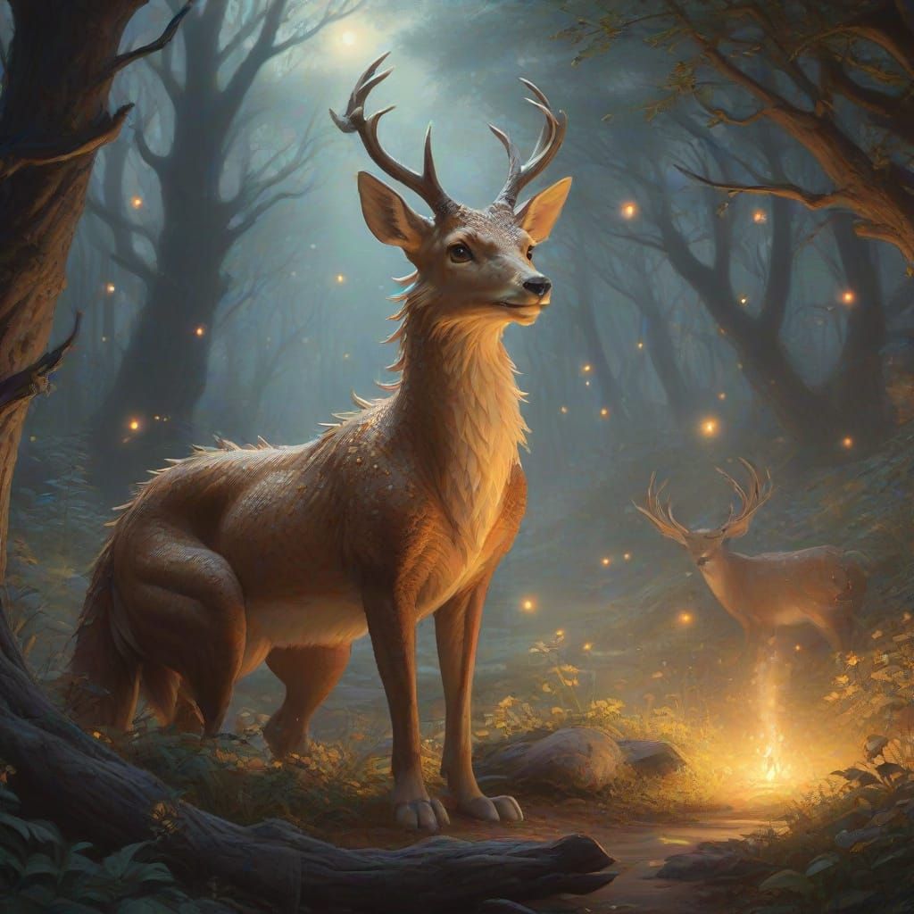 Dragon, Deer, and Fox Spirits in Mystical Grove
