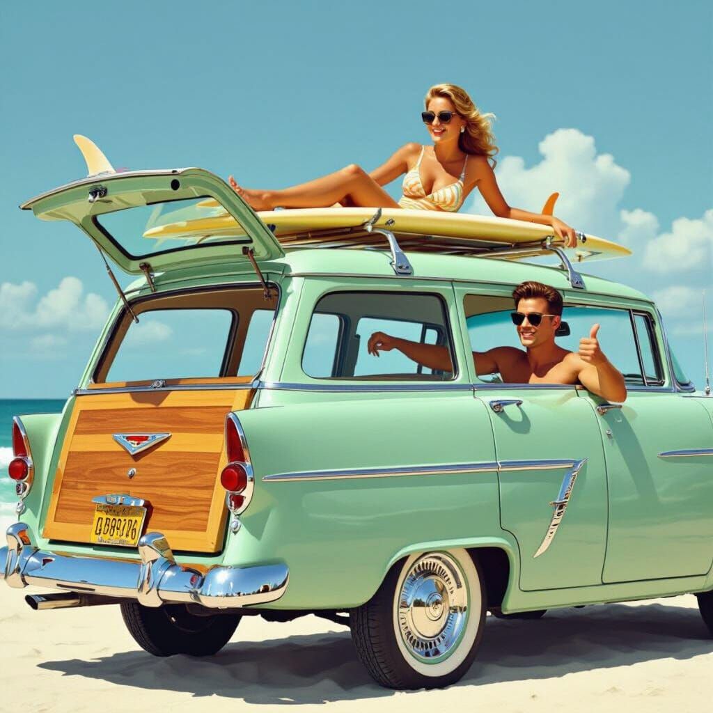 1950s Wagon with Surfboard on Sunny Beach