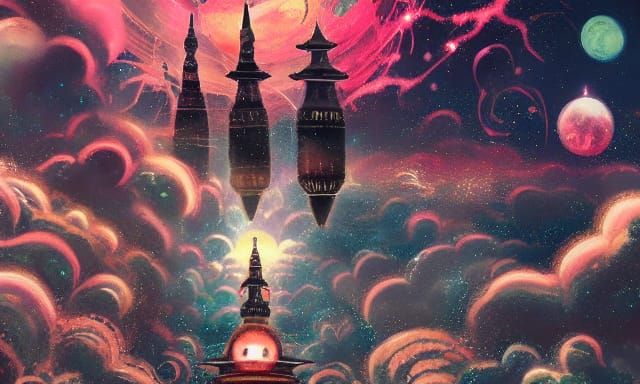 Cosmic City Floating in Outer Space: Detailed Painting