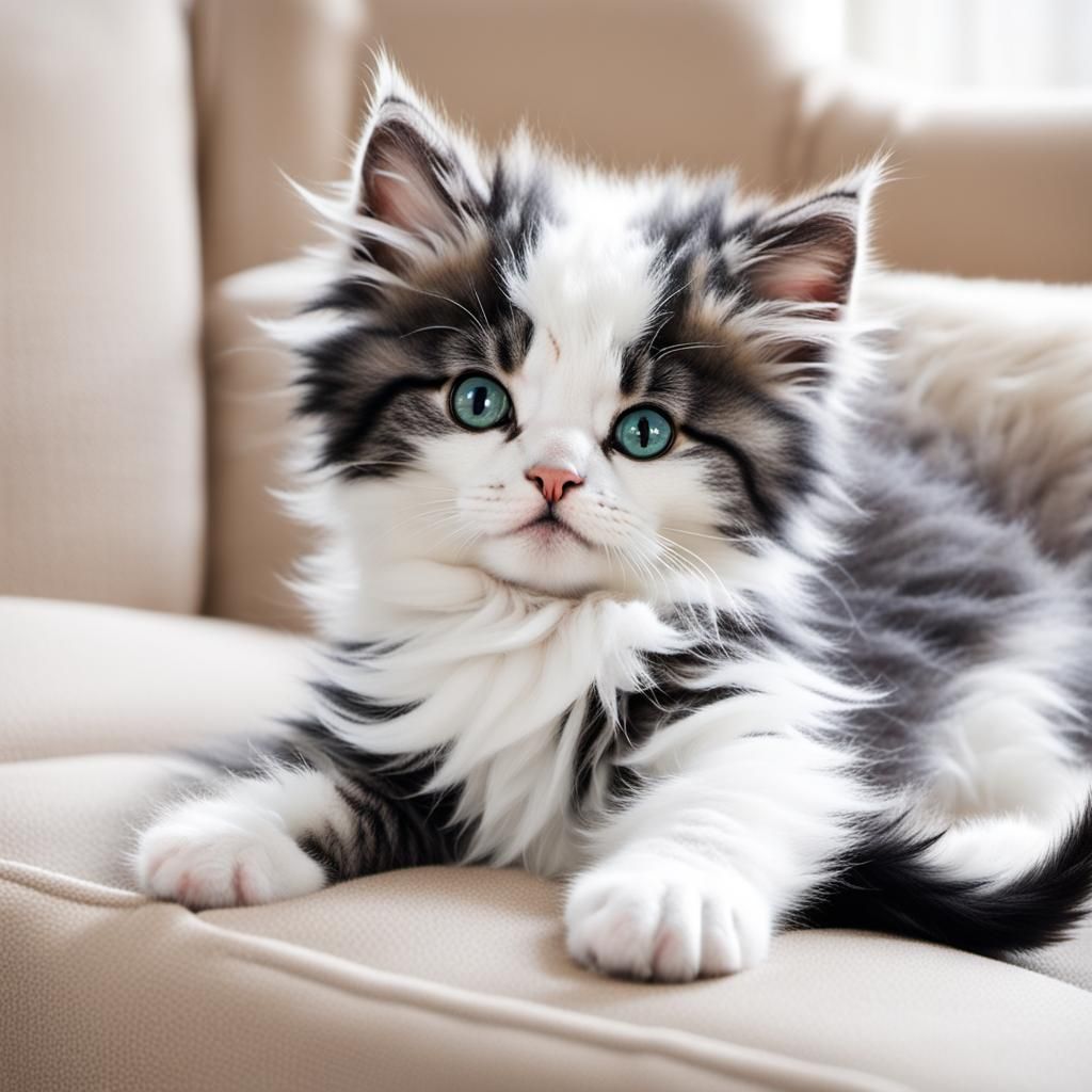 Fluffy Kitten Relaxing on Sofa
