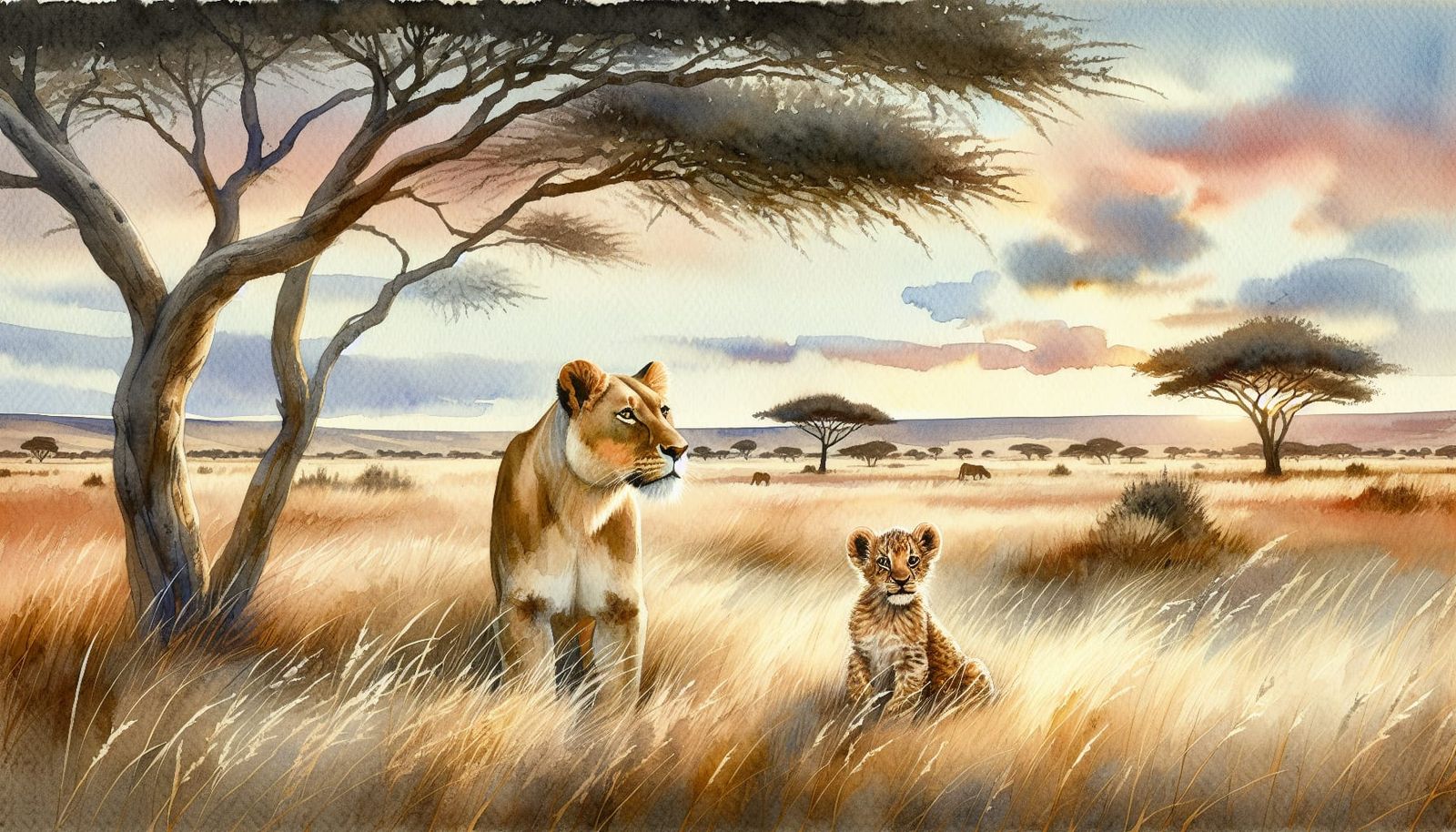 Lion Cub in Sunset African Savannah Landscape