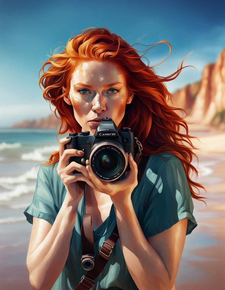 Red-Haired Woman with Camera on Beach: Hyperrealistic Art