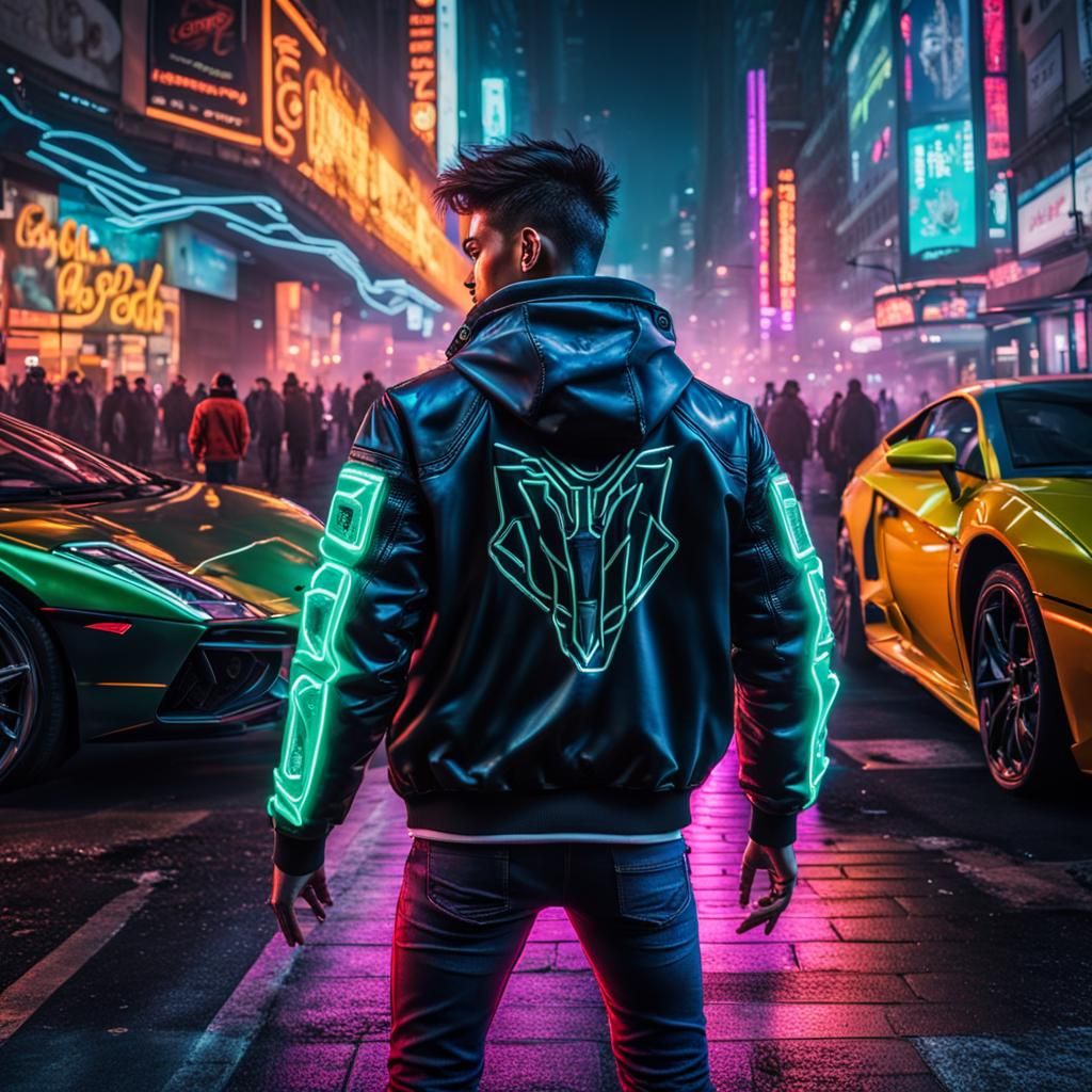 Cyberpunk Boy with Lamborghini on Crowded Street