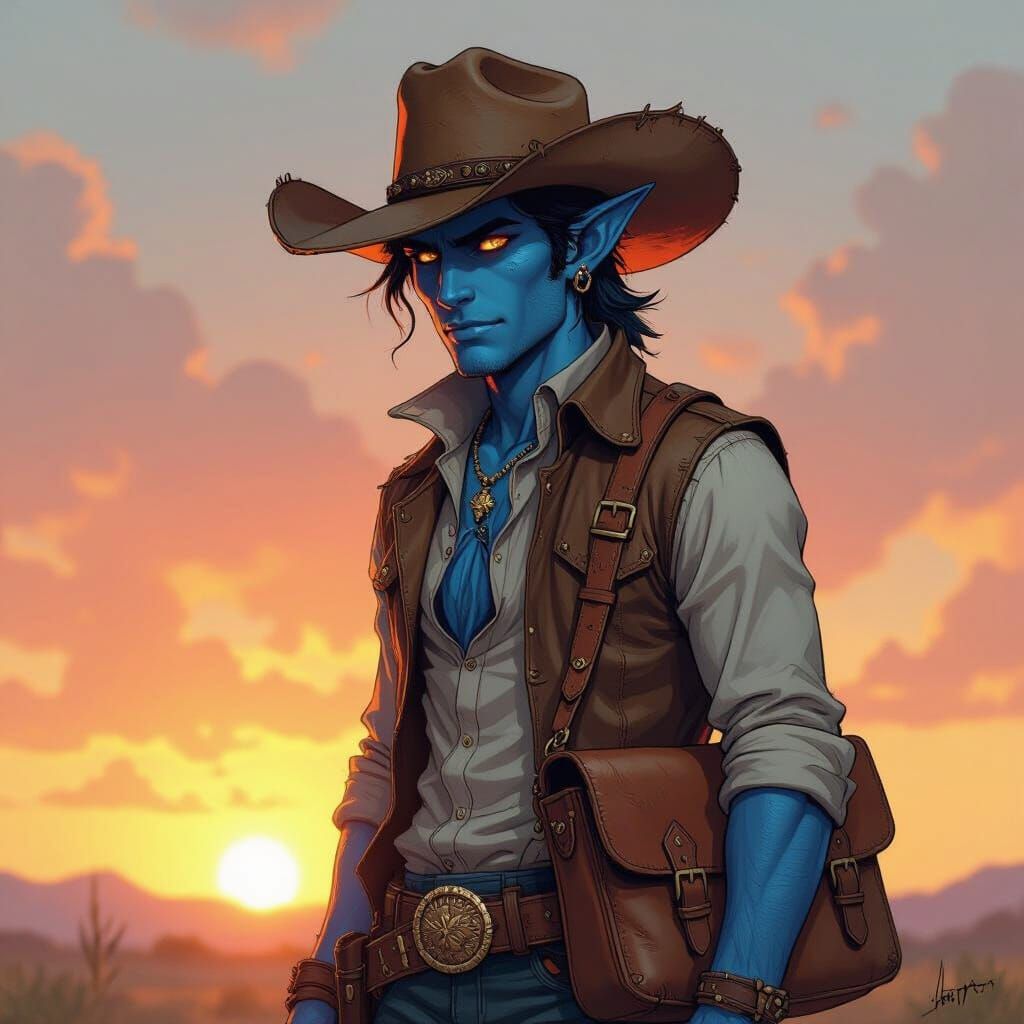Blue Tiefling Cowboy with Messenger Bag