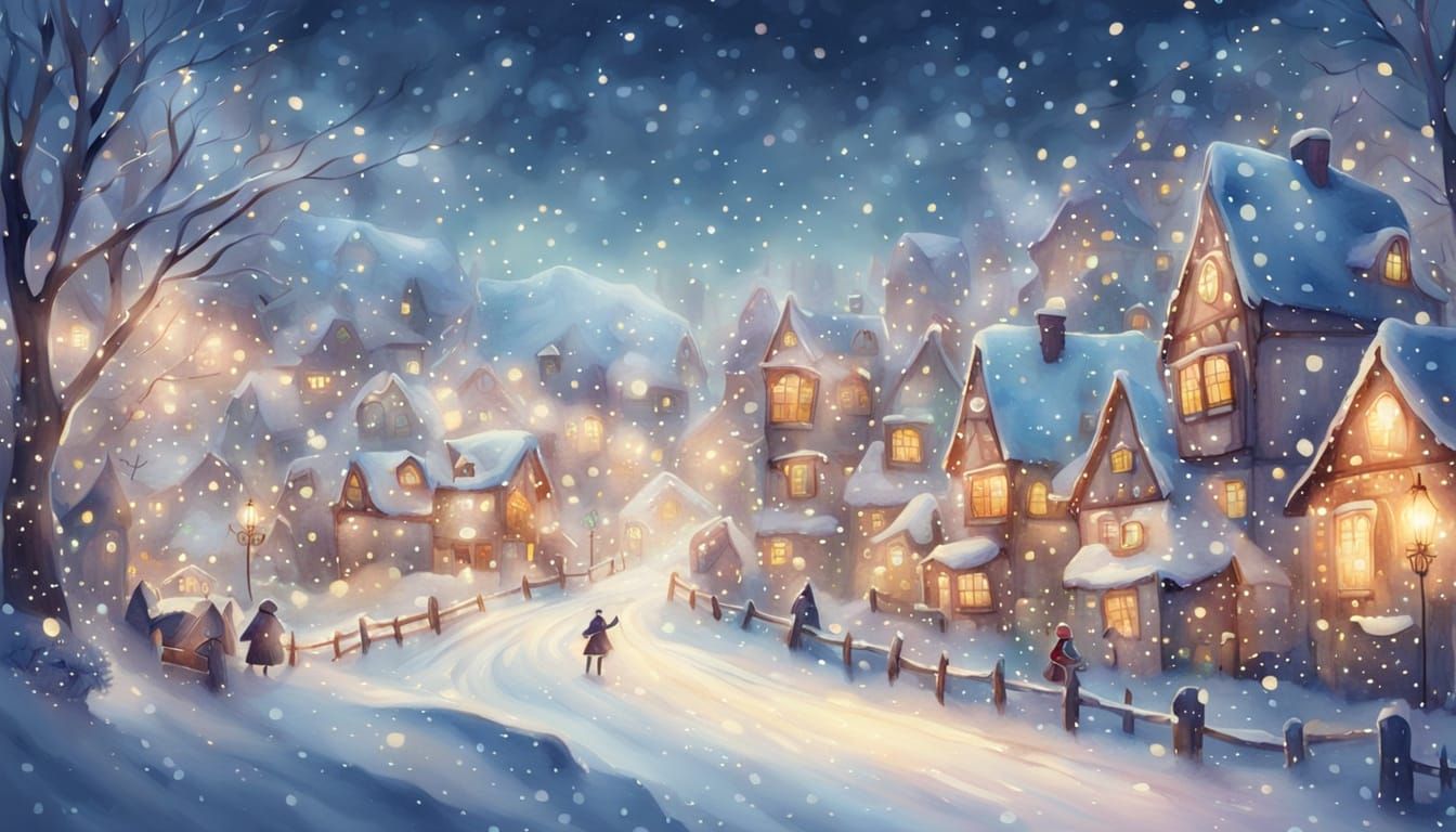 Whimsical Winter Village in Watercolor Style