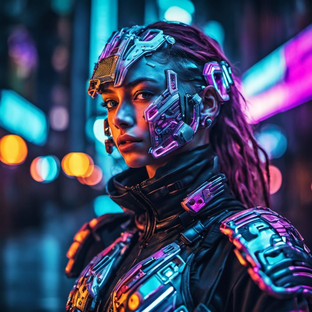 Cyborg Girl with Futuristic Armor in Neon City