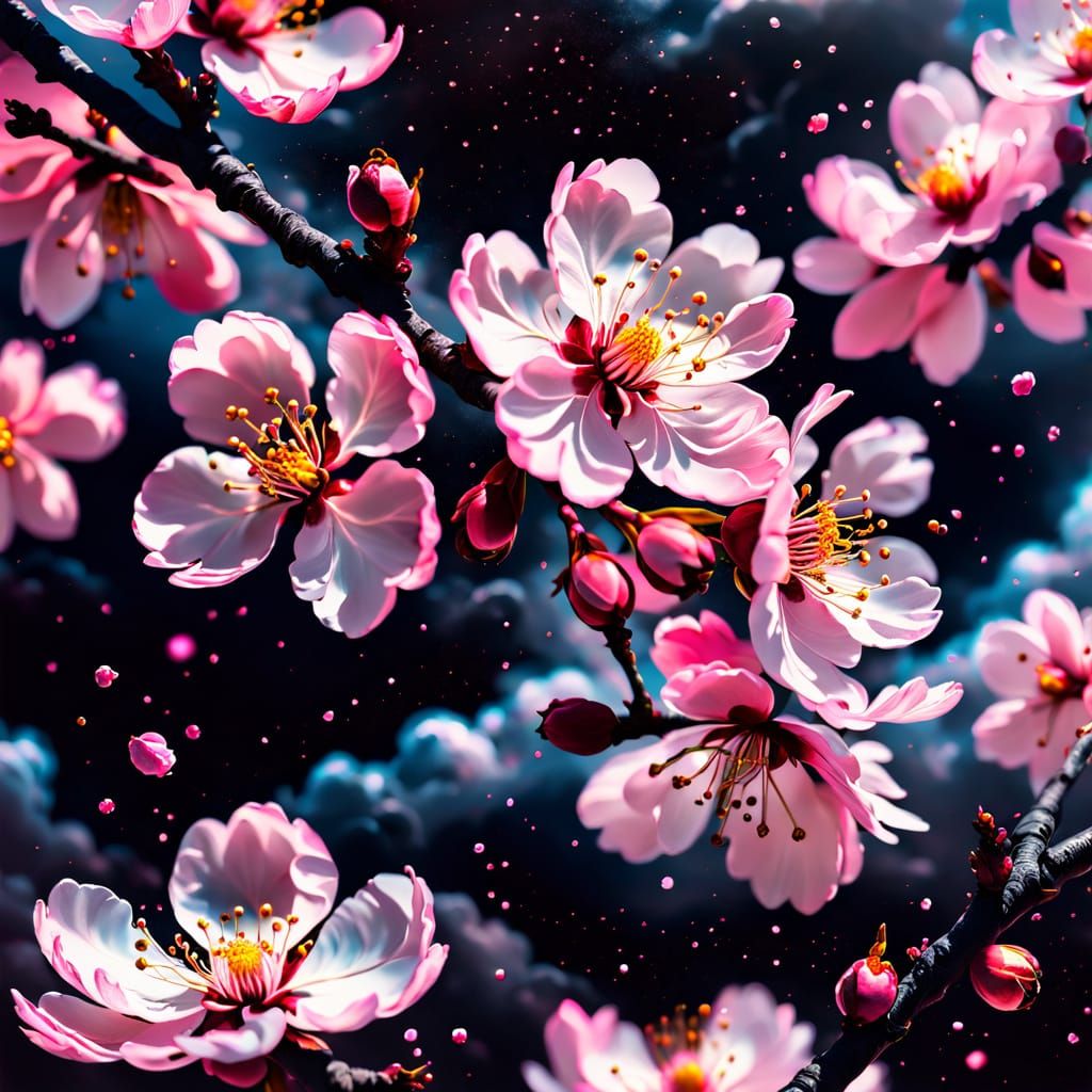 Surreal Cherry Blossoms in Cosmic Oil Painting