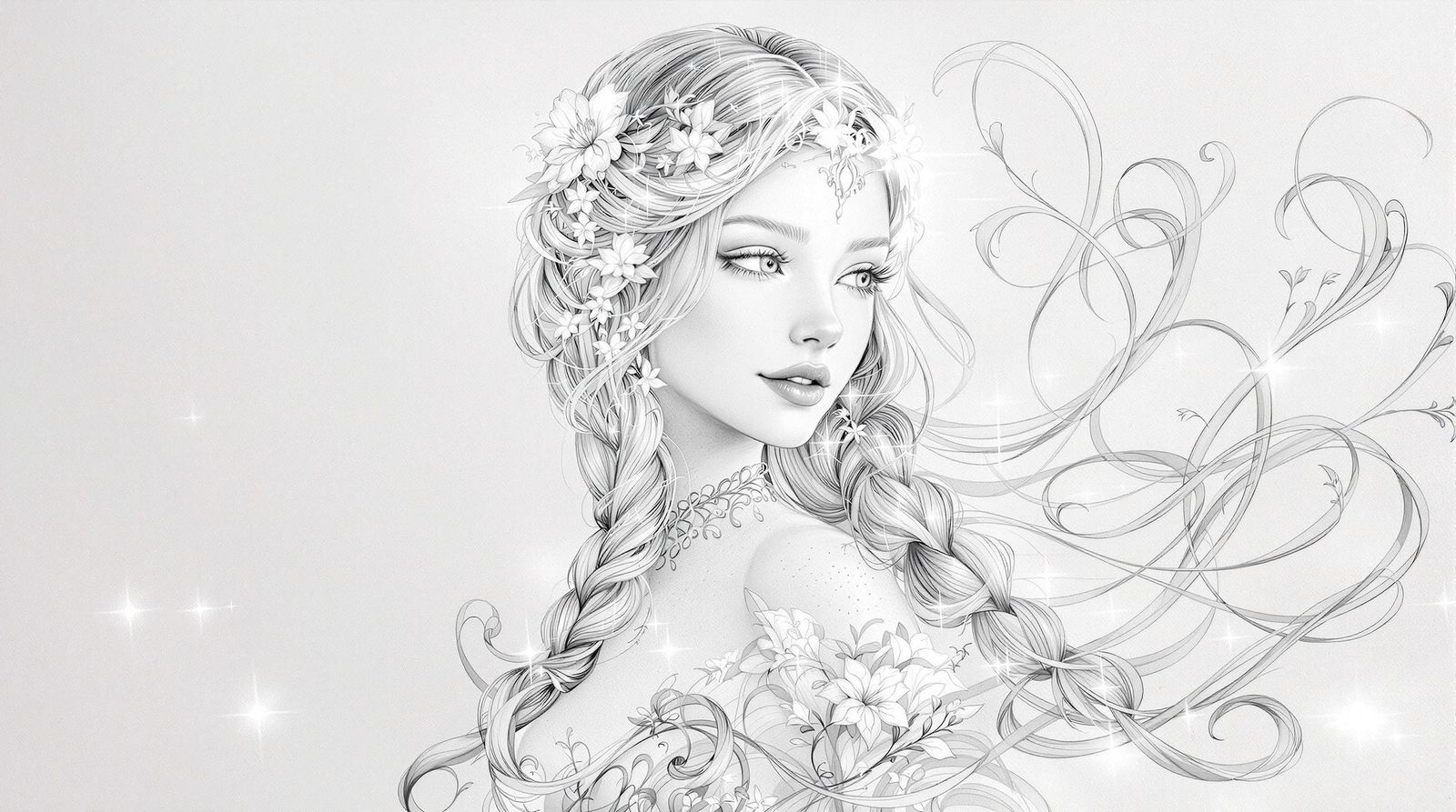 Fantasy Princess in Braided Hair, Pencil Drawing in Dreamy S...