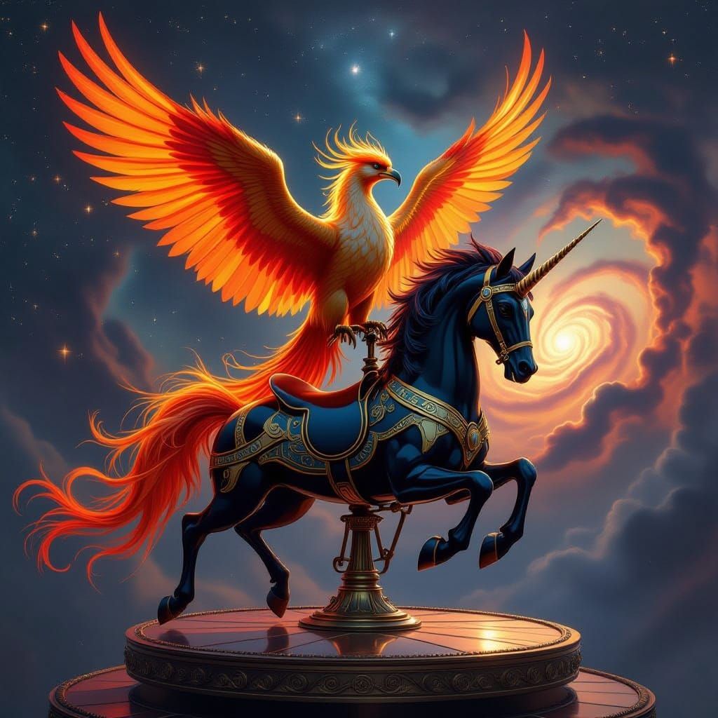 Phoenix on Obsidian Horse in Nebula, Fantasy Concept Art
