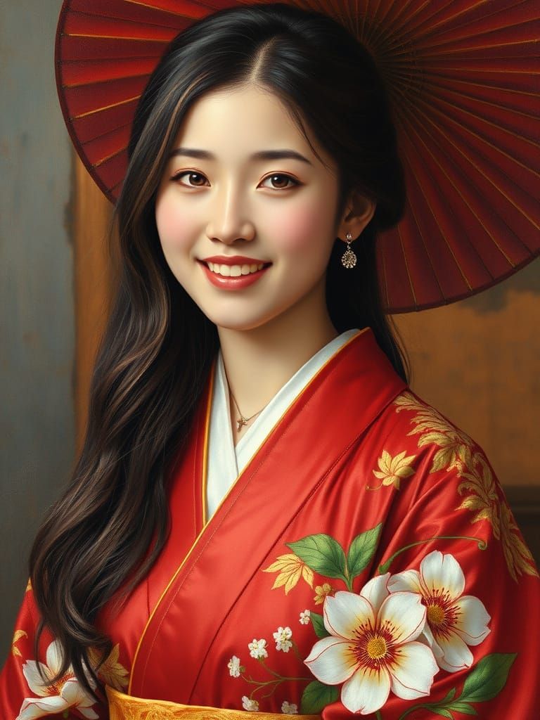 Ancient Japanese Bride in Vibrant Kimono