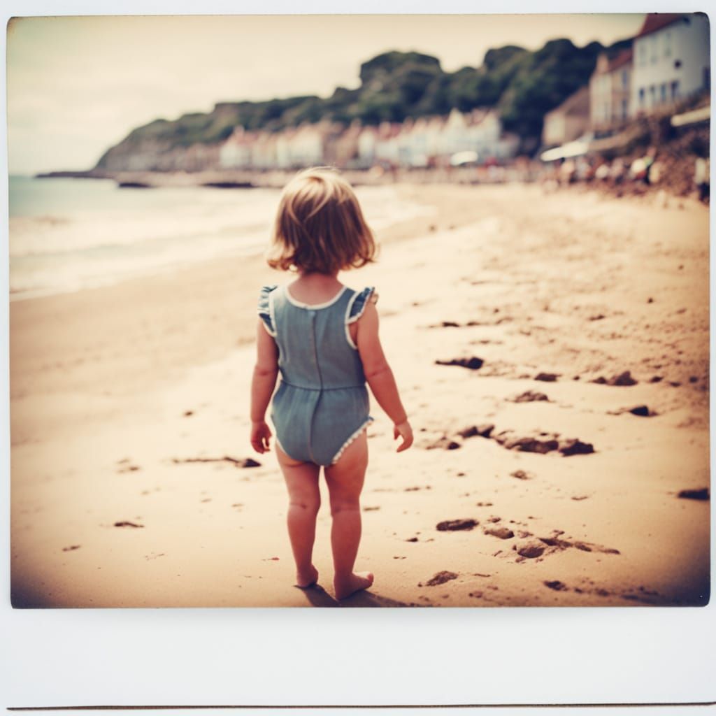 Retro Polaroid of Child on British Beach
