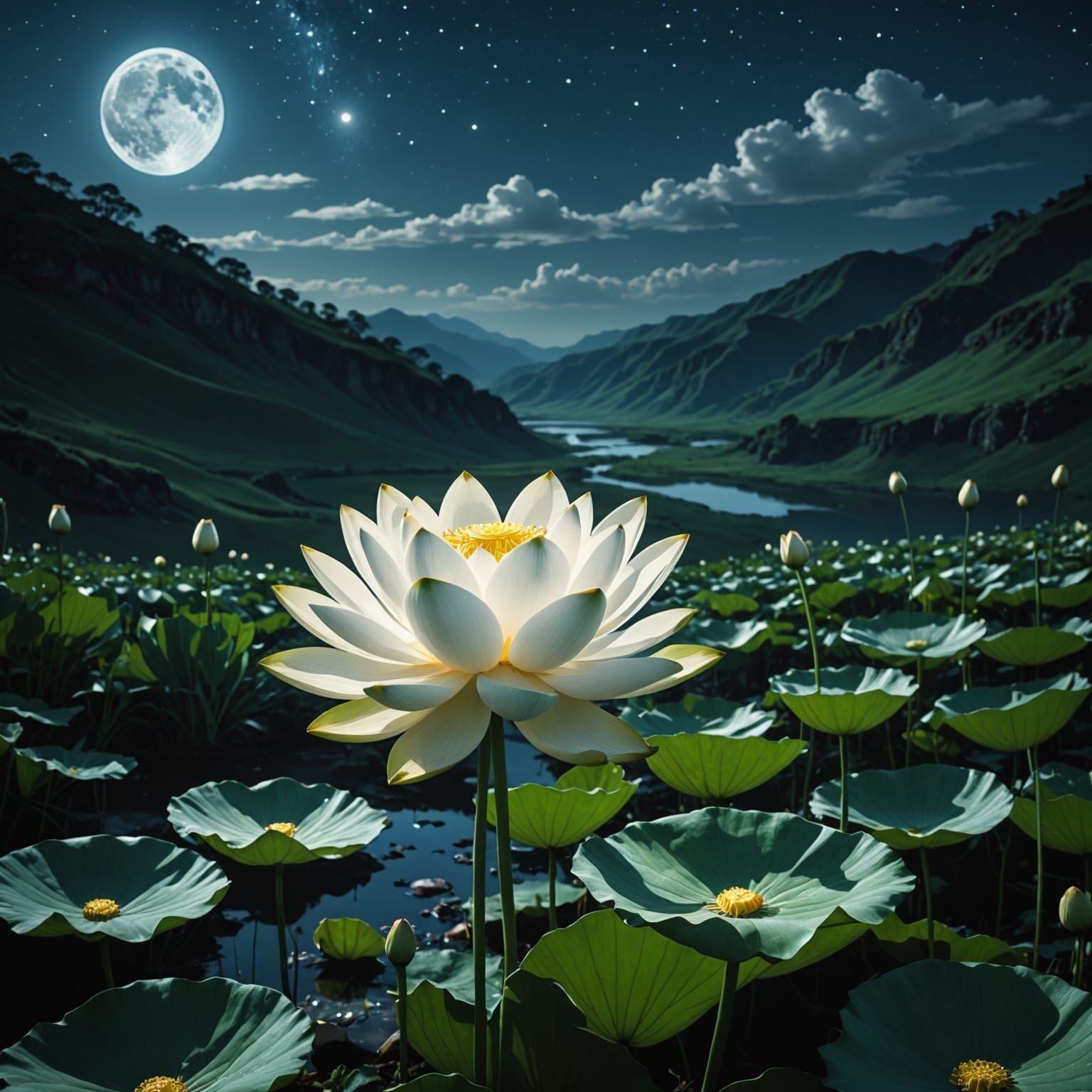 Ethereal White Lotus Blooms Under Moonlit Night Sky
