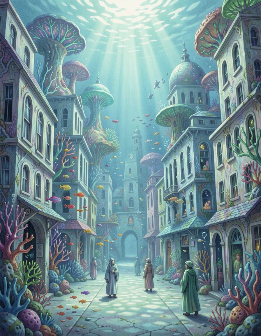 Surreal Underwater City of Bioluminescent Coral Buildings