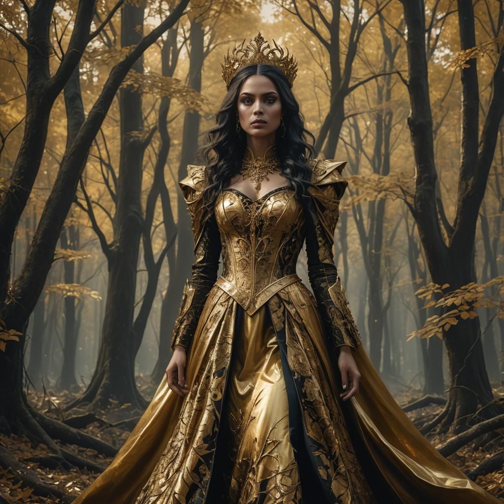 Golden Gothic Woman in the Woods: Detailed Matte Painting
