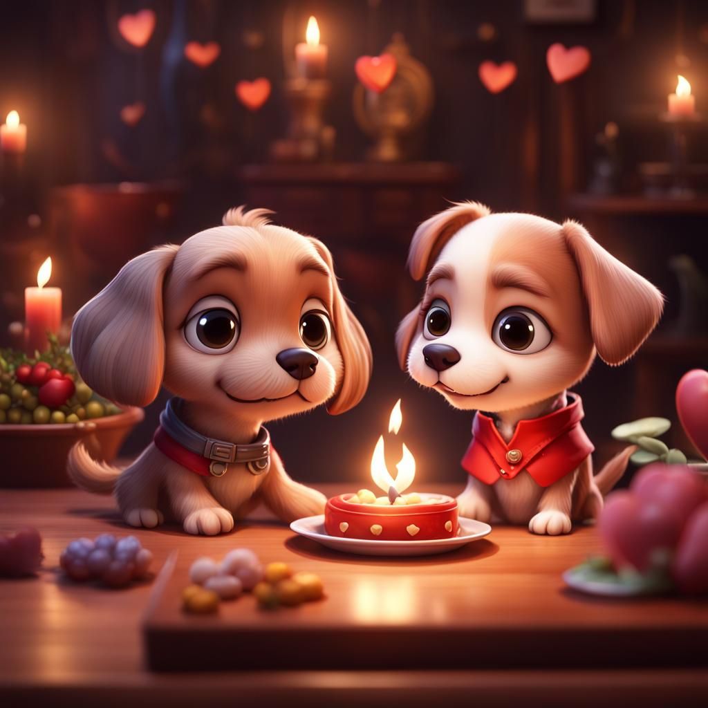 Romantic Dog Couple's Candlelit Dinner, Pixar Style