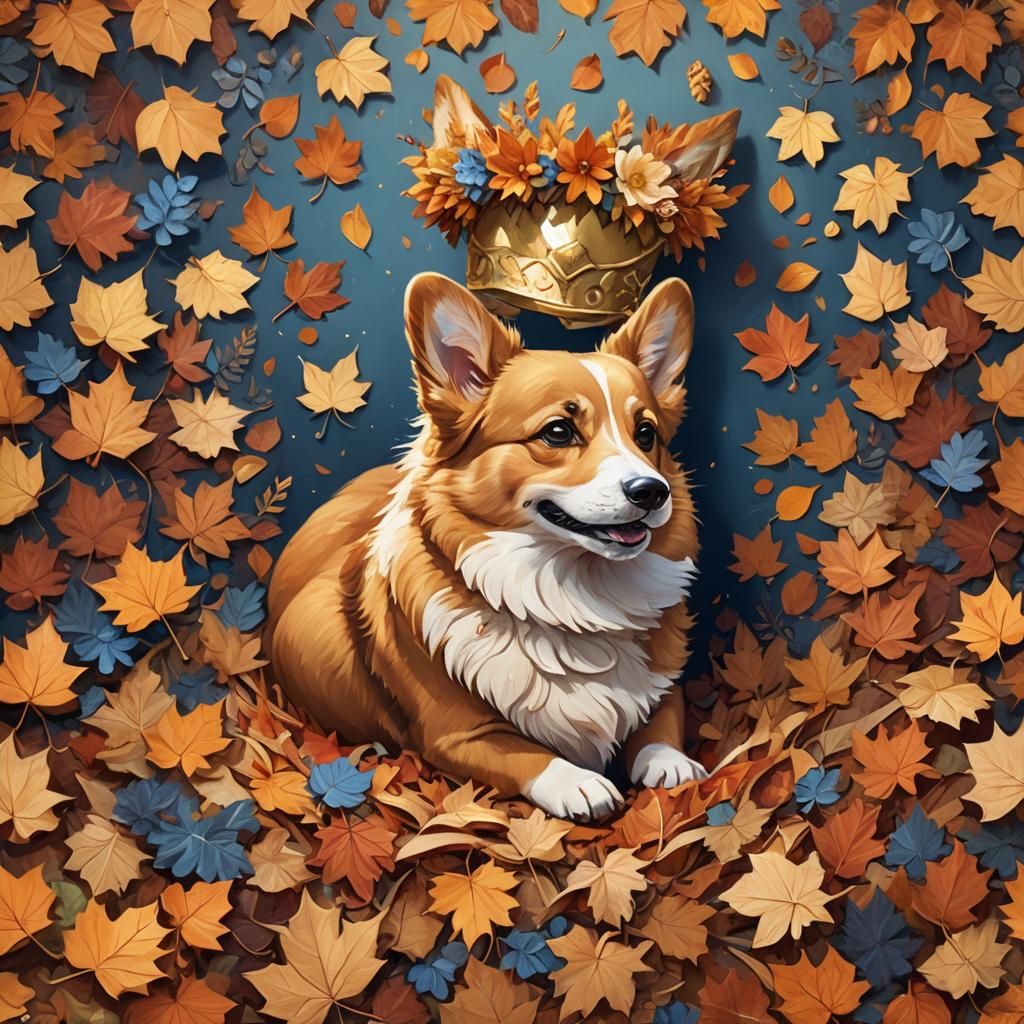 Corgi in Autumn Leaves with Flower Crown