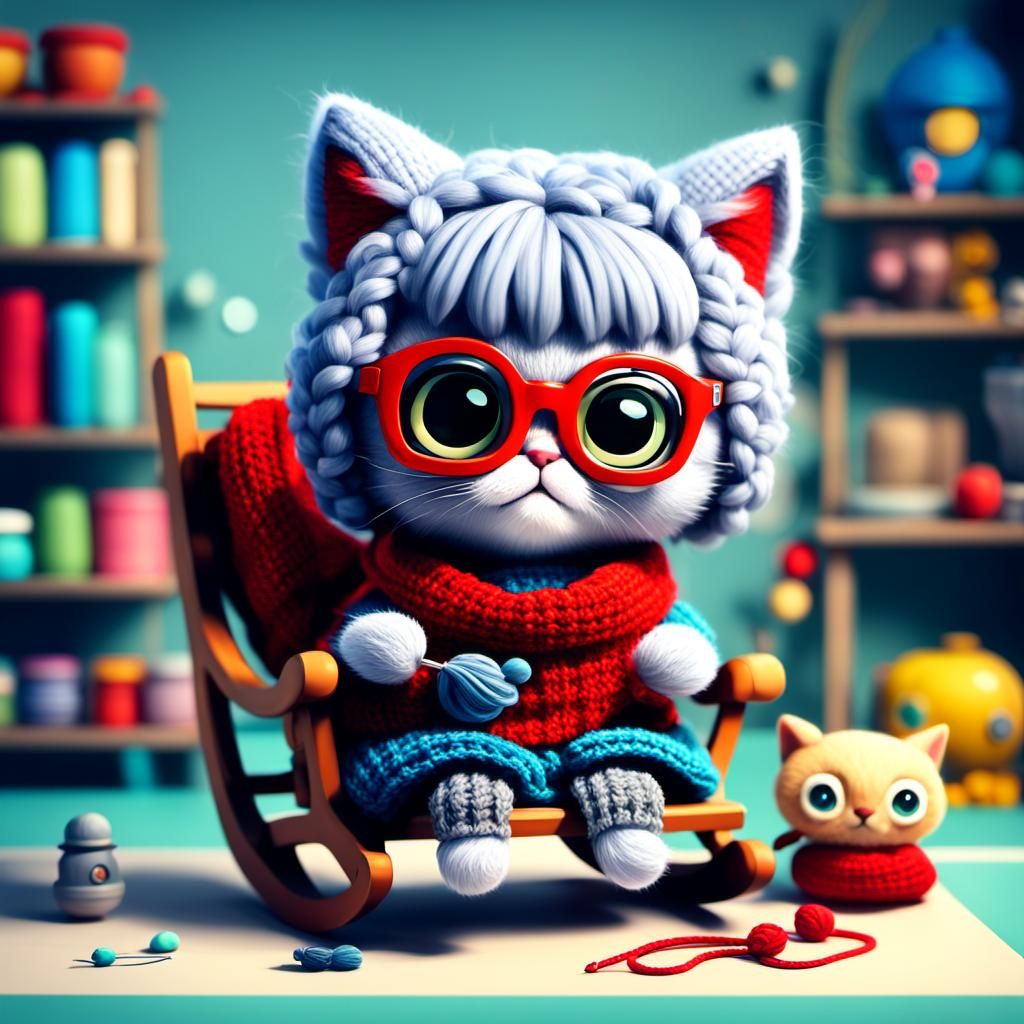 Adorable Granny Cat Knitting: 3D Digital Art