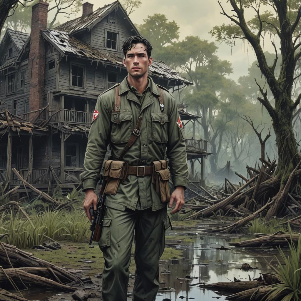 WW2 Battlefield Medic in Swamp, Hyperrealistic Anime Style