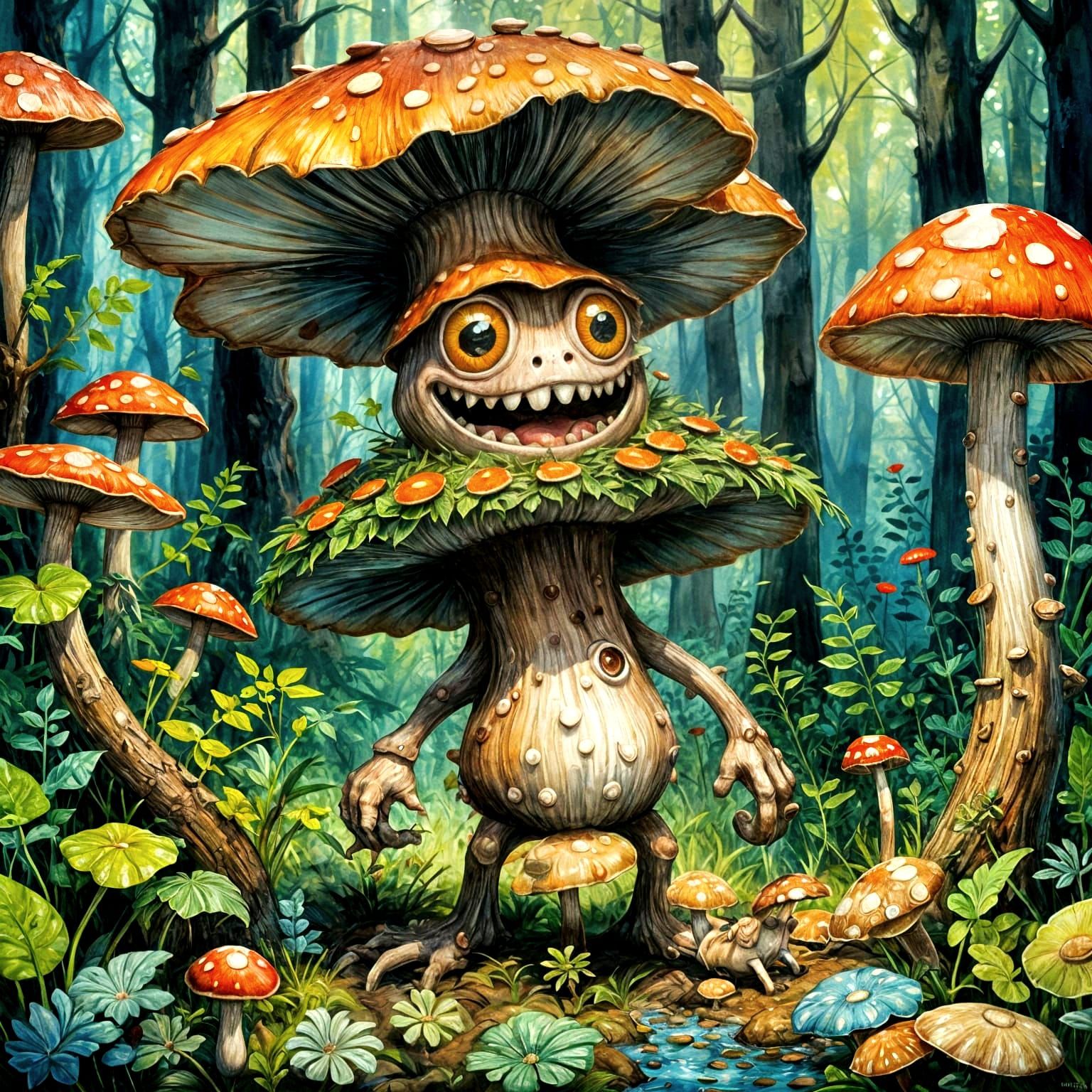 Creepy Cute Mushroom Creature in Gouache Style