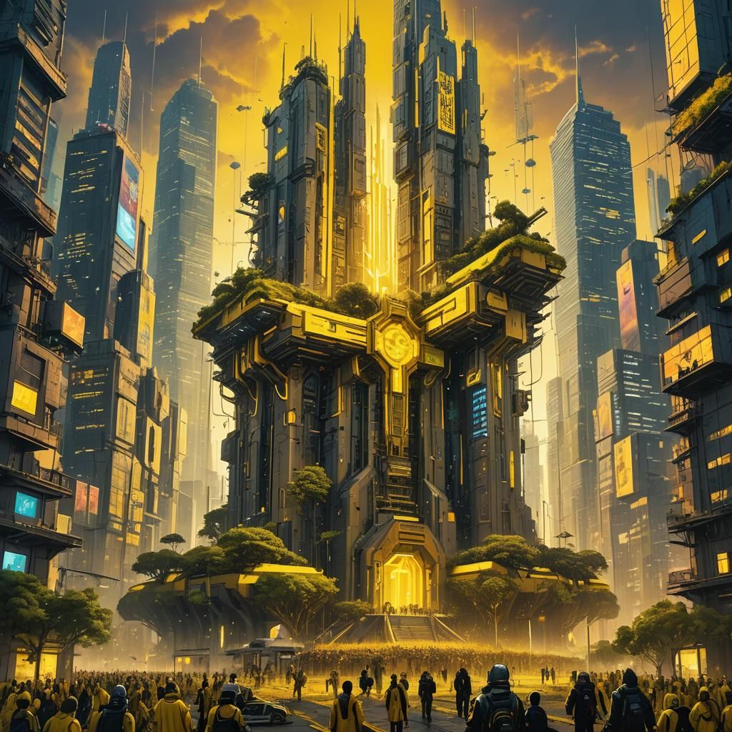 Futuristic Metropolis with Neon Lit Priests