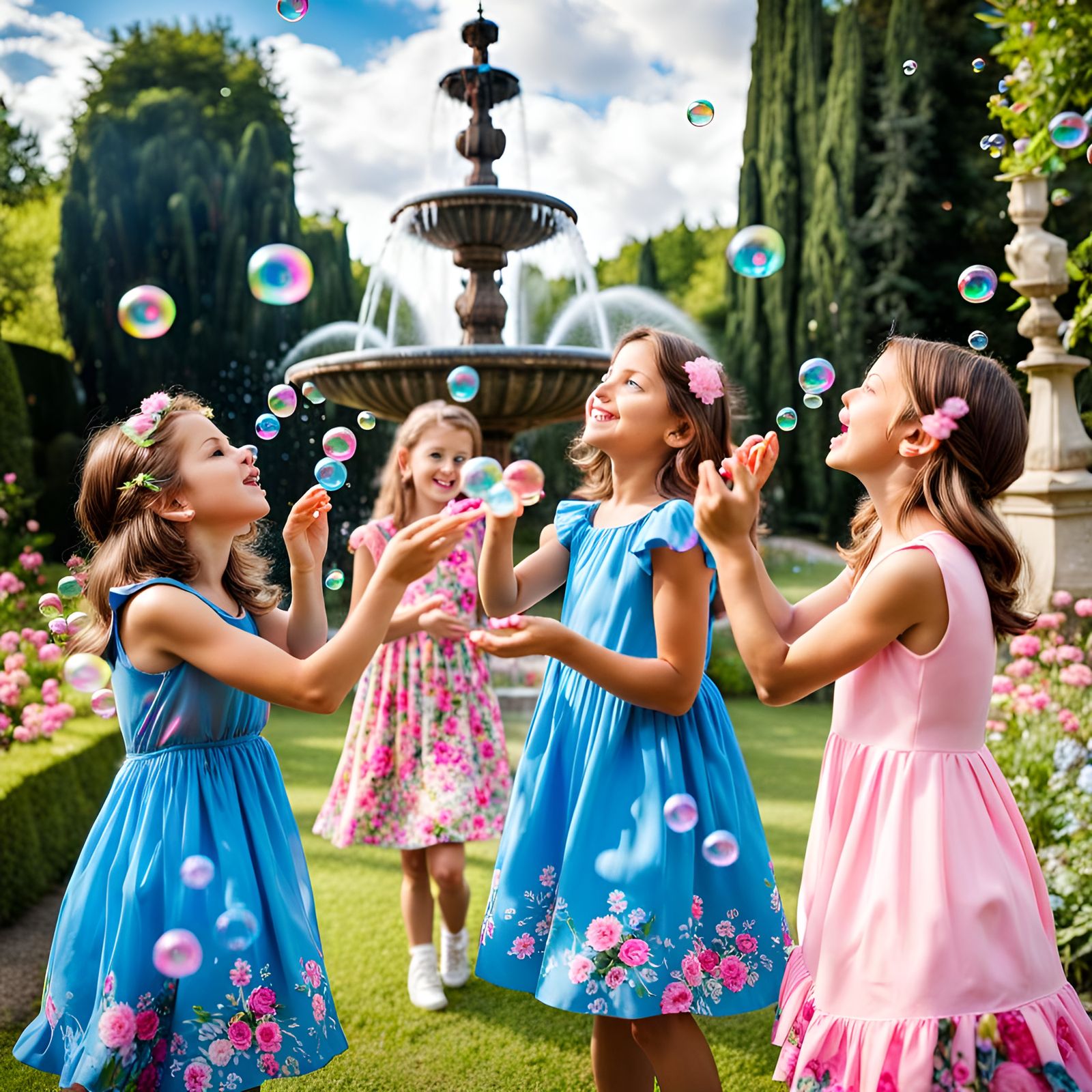 Children Playing with Bubbles in French Garden