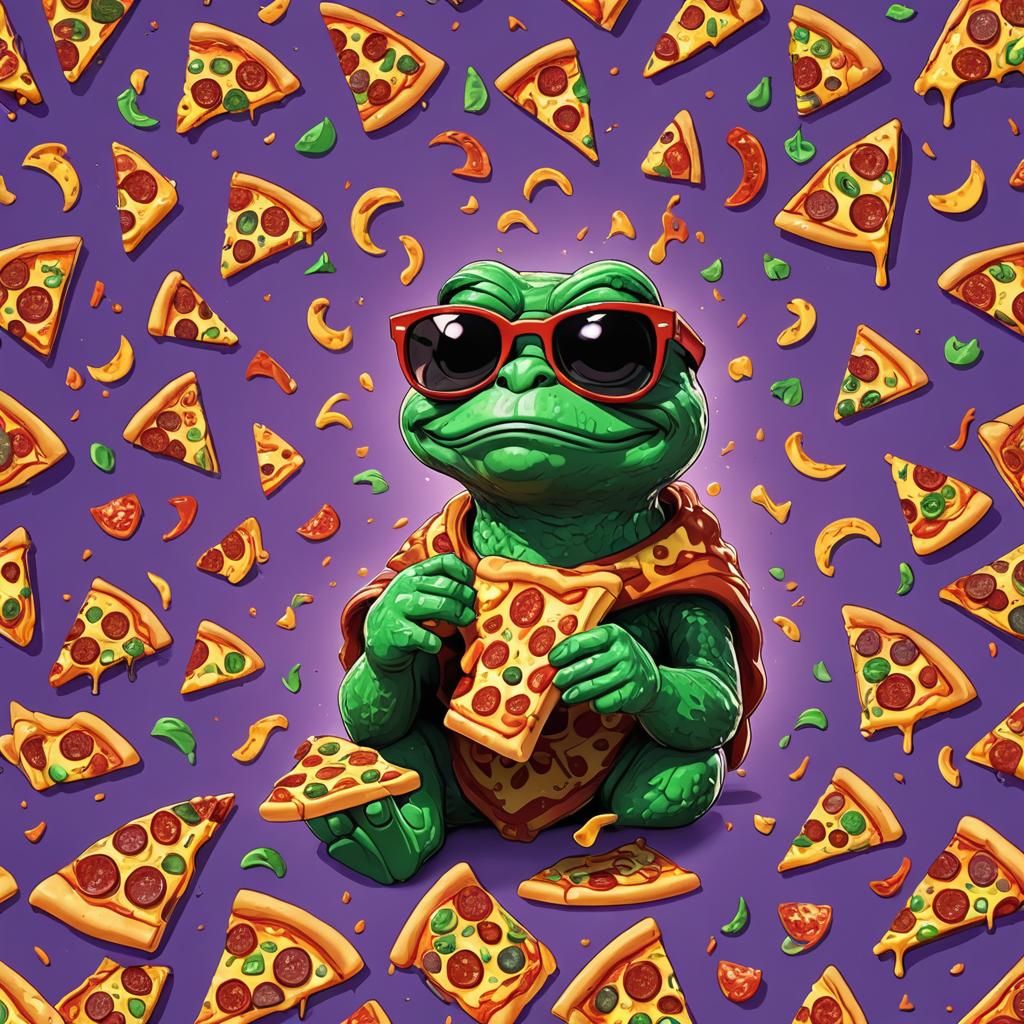 Psychedelic Pepe Emote with Pizza, 3D Digital Art