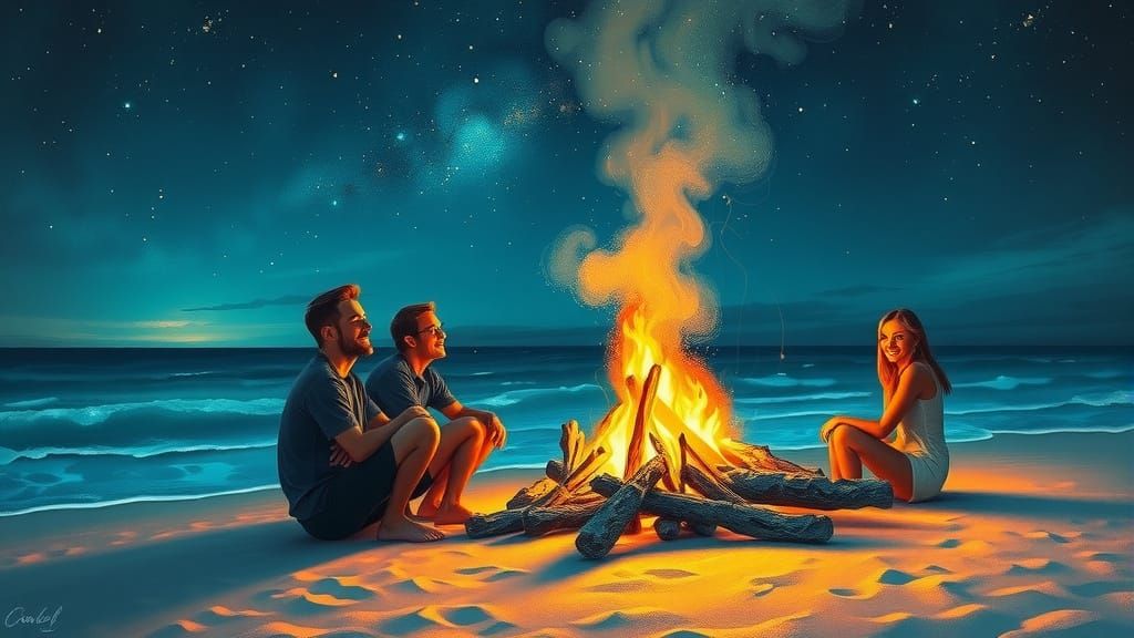 Friends Enjoying Bonfire on Beach, Impressionist Style