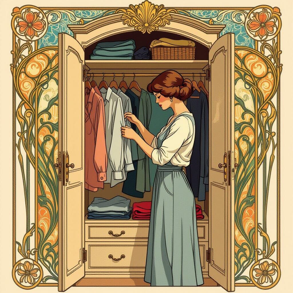 Elegant Woman in Hotel Room, Art Nouveau Style