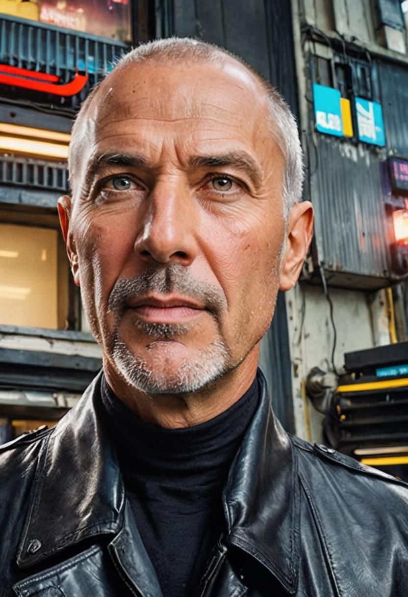 Professional Headshot of Mature Man in Cyberpunk Style