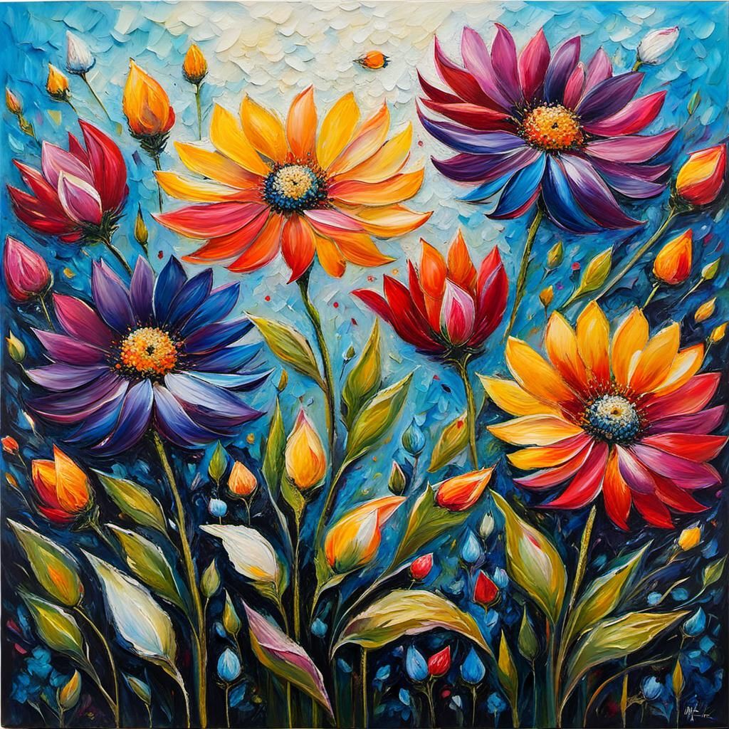 Encaustic Palette Knife Painting of Blooming Flowers