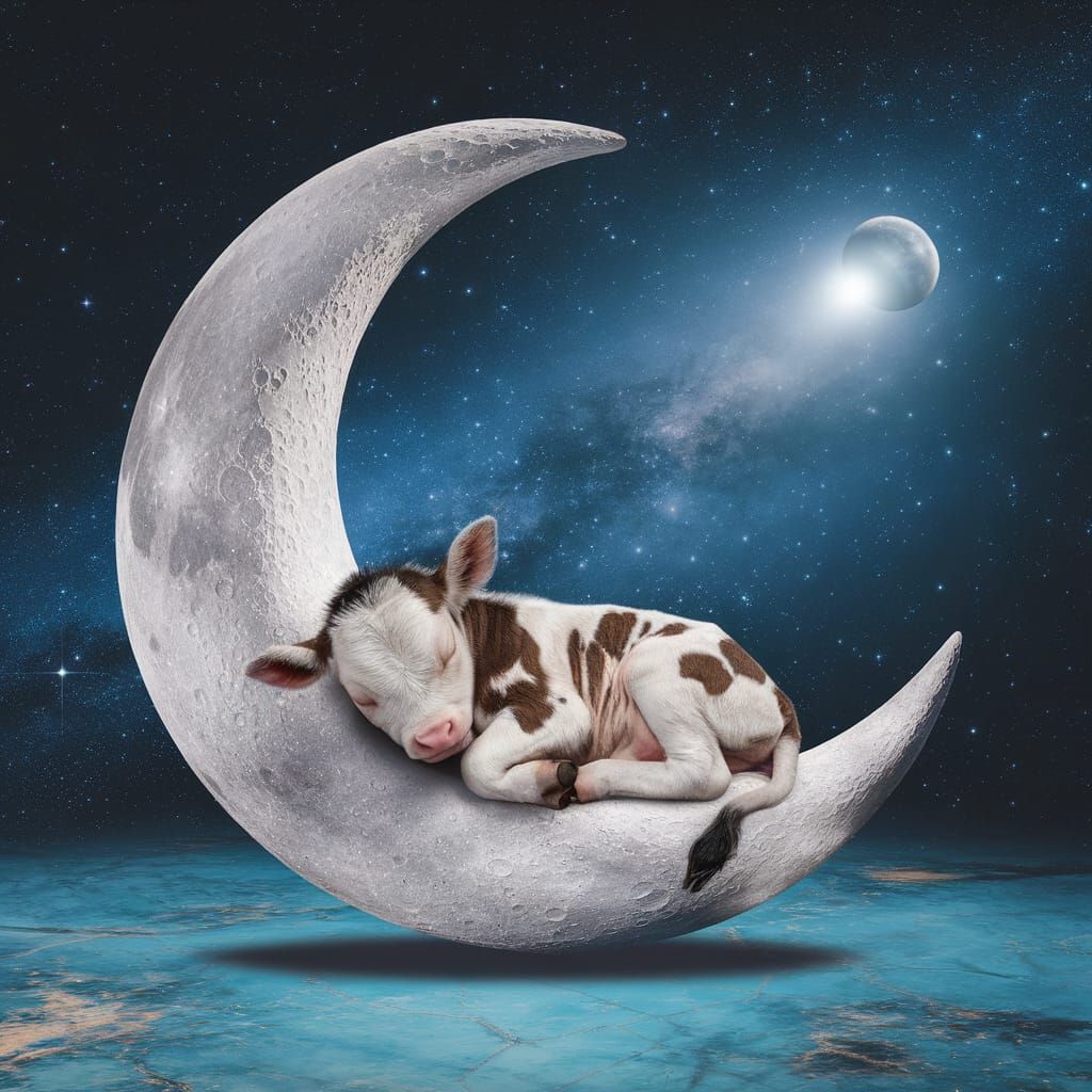 A Dreamy Calf on a Celestial Crescent Moon