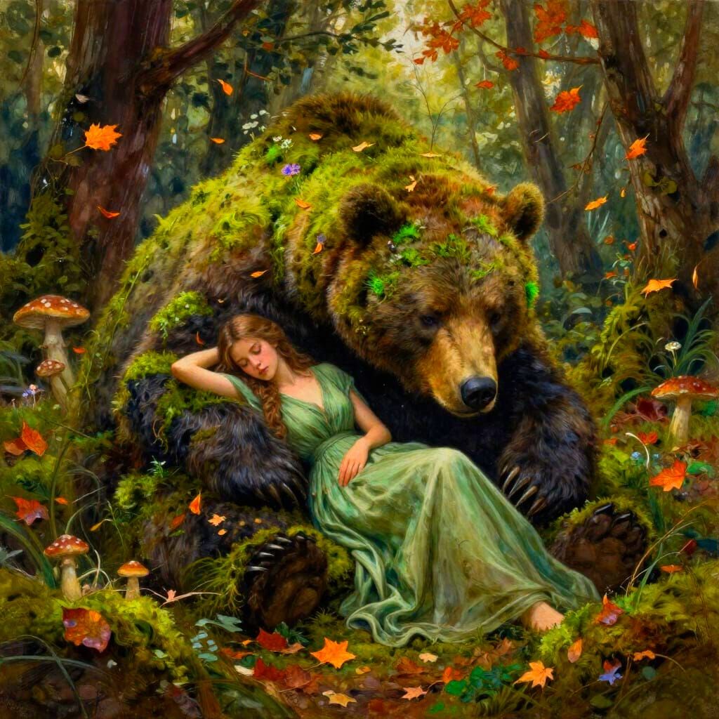 Forest Maiden Rests on Giant Moss Bear in Autumn Clearing