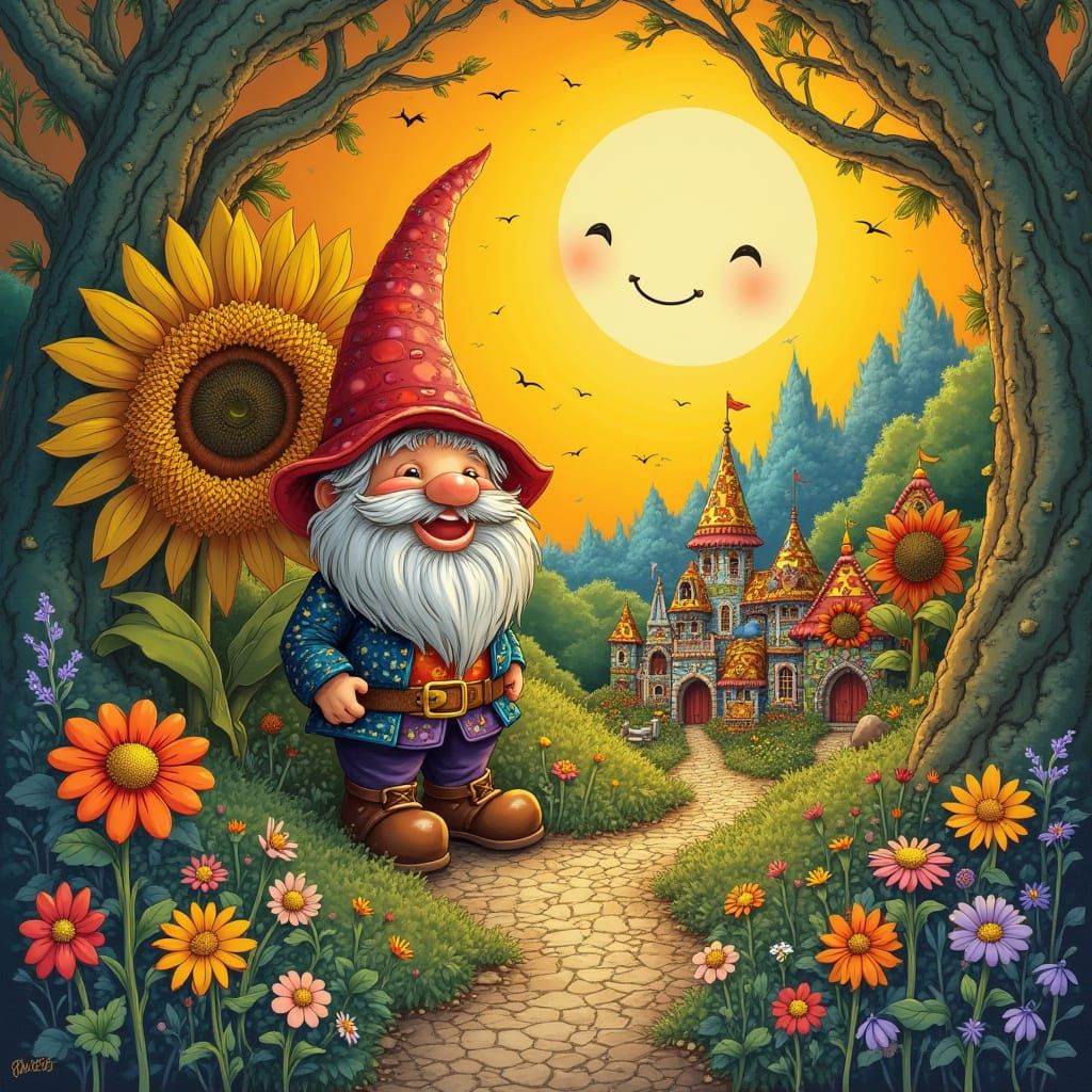 Whimsical Gnome Village in Giant Sunflower