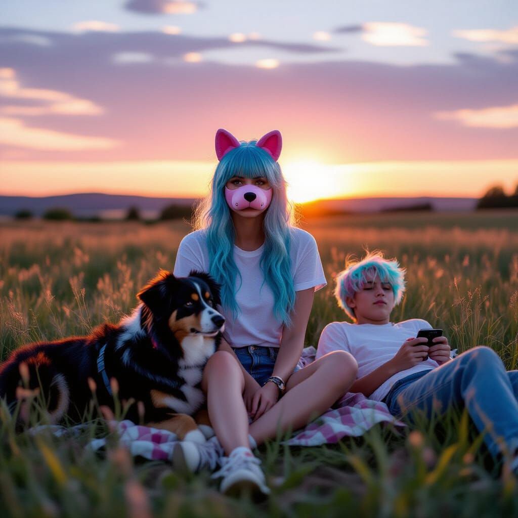 Friends in Meadow at Dusk: Cinematic Film Still