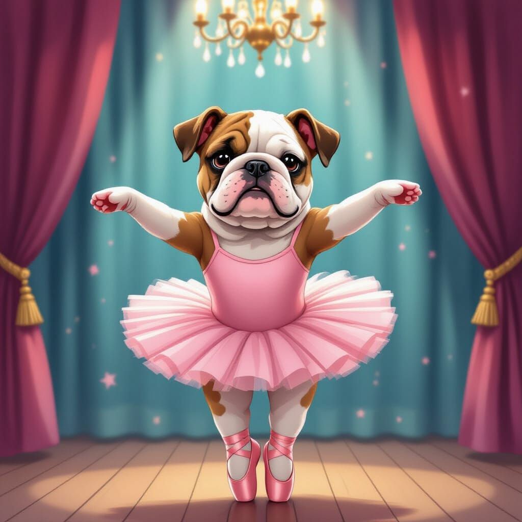 Bulldog Ballerina on Stage in Whimsical Style