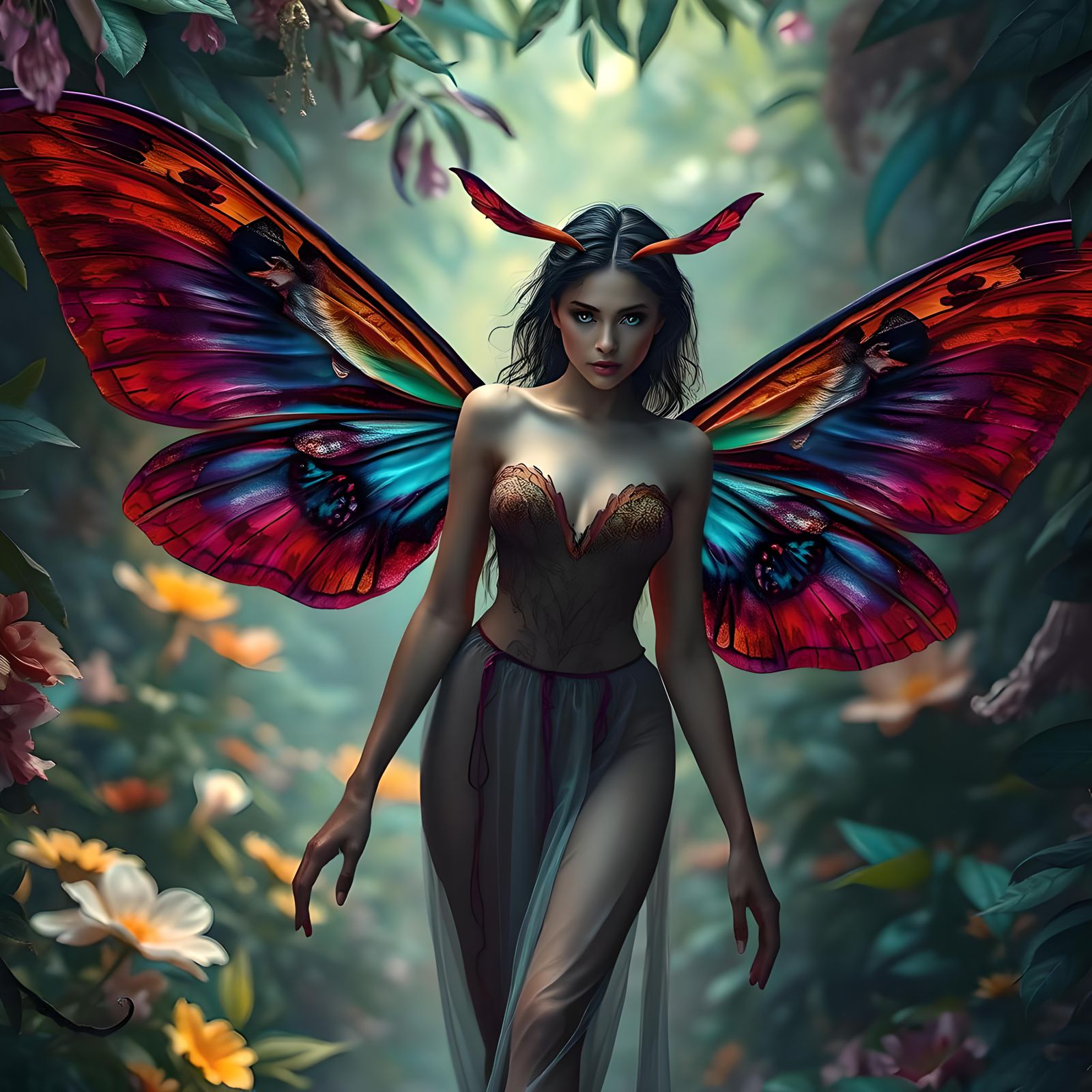 Madagascan Sunset Moth Woman in Enchanted Garden