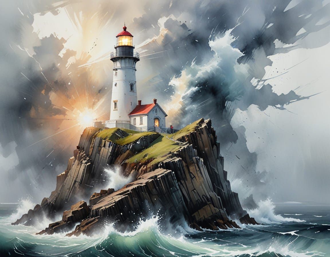 Lighthouse Beacon in Stormy Seascape