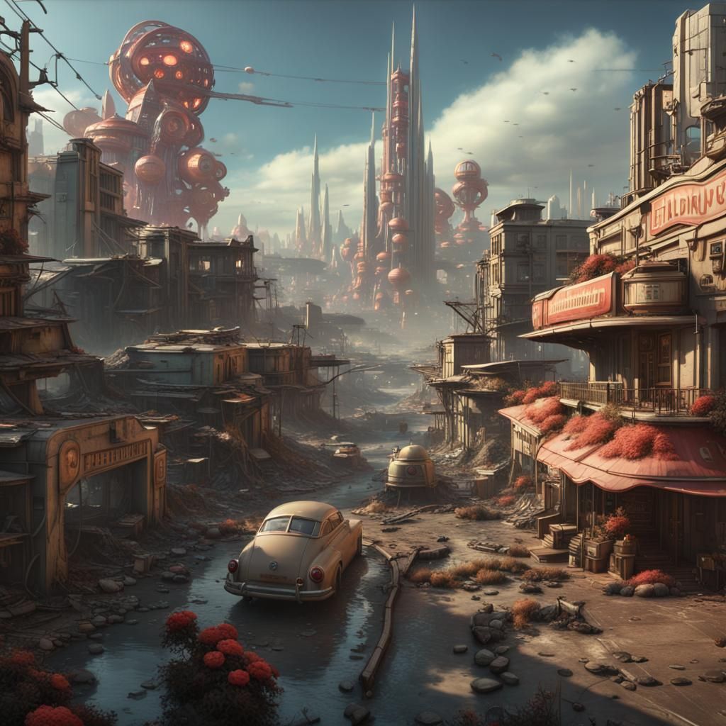 Atompunk Retro Sci-Fi City with Roses