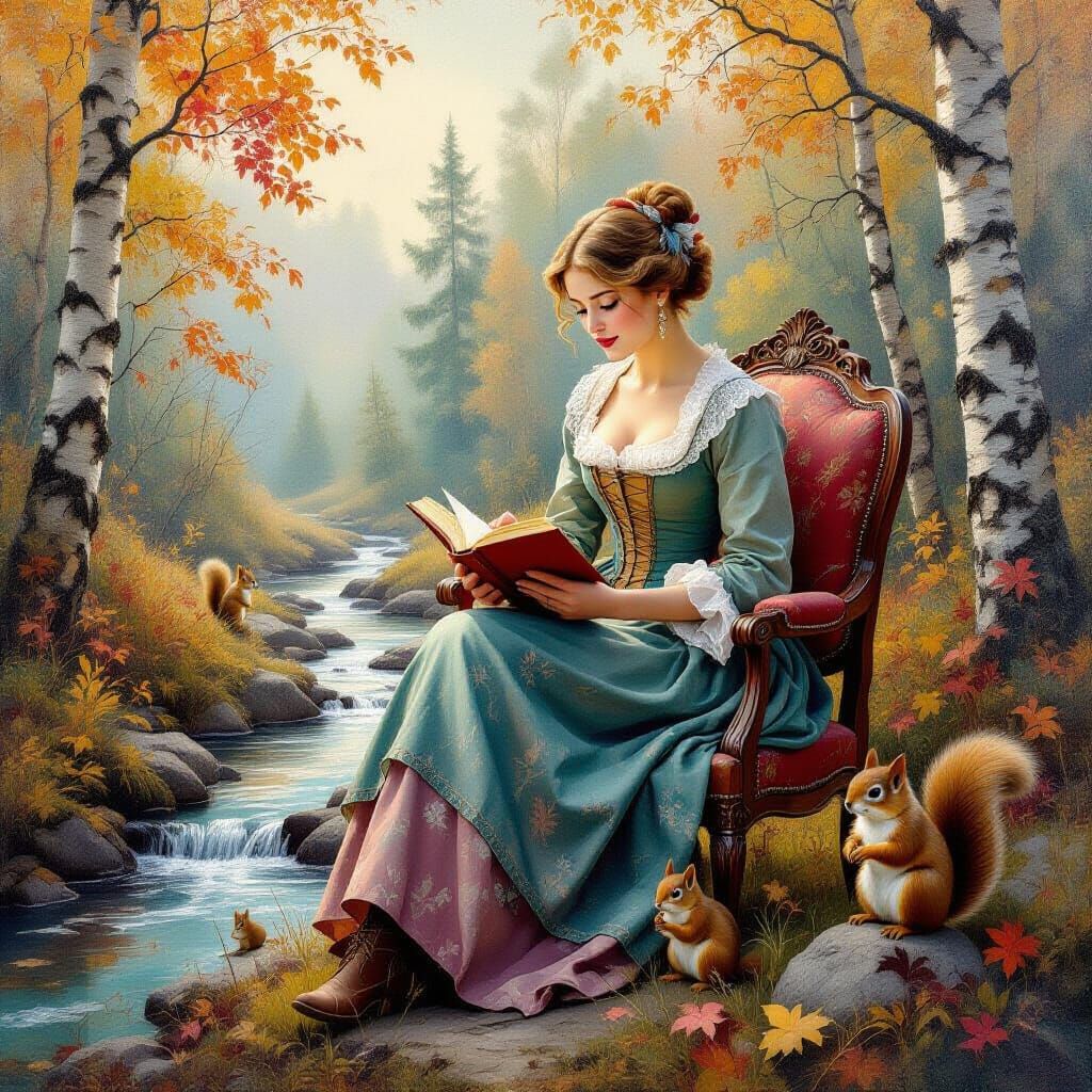 18th Century Scandinavian Woman Writing in Autumn Forest